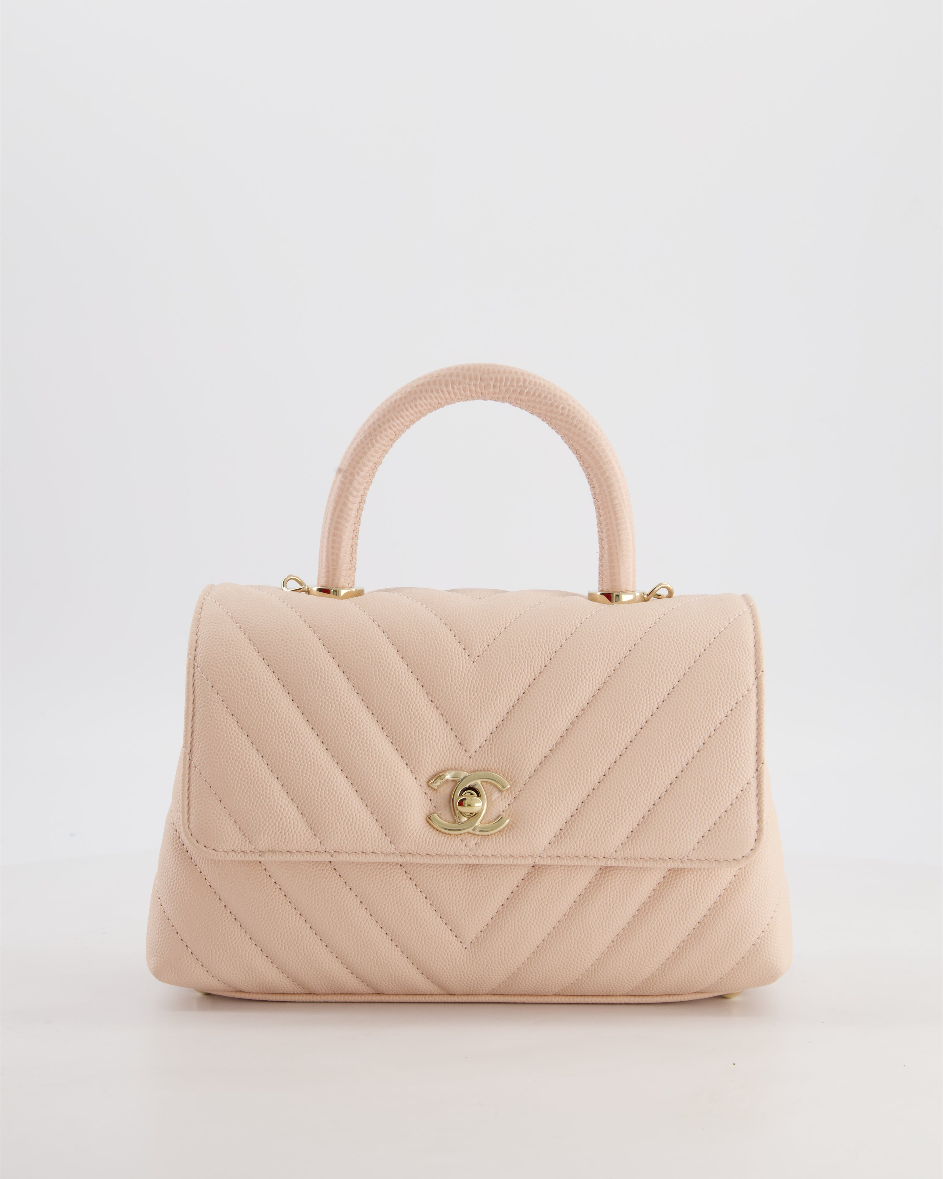 Chanel Blush Pink Chevron Small Coco Top Handle Flap Bag in Caviar Leather with Gold Hardware