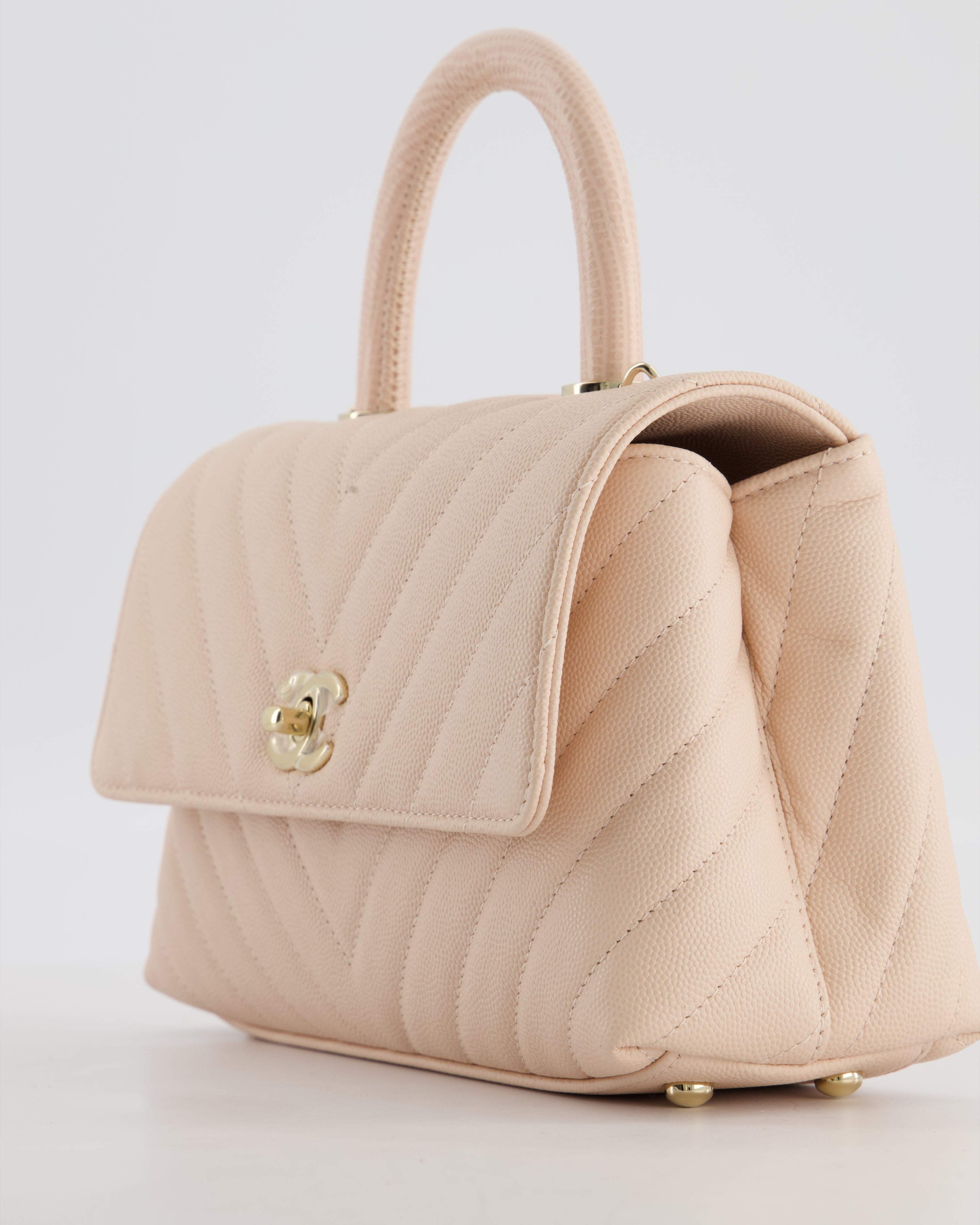 Chanel Blush Pink Chevron Small Coco Top Handle Flap Bag in Caviar Leather with Gold Hardware