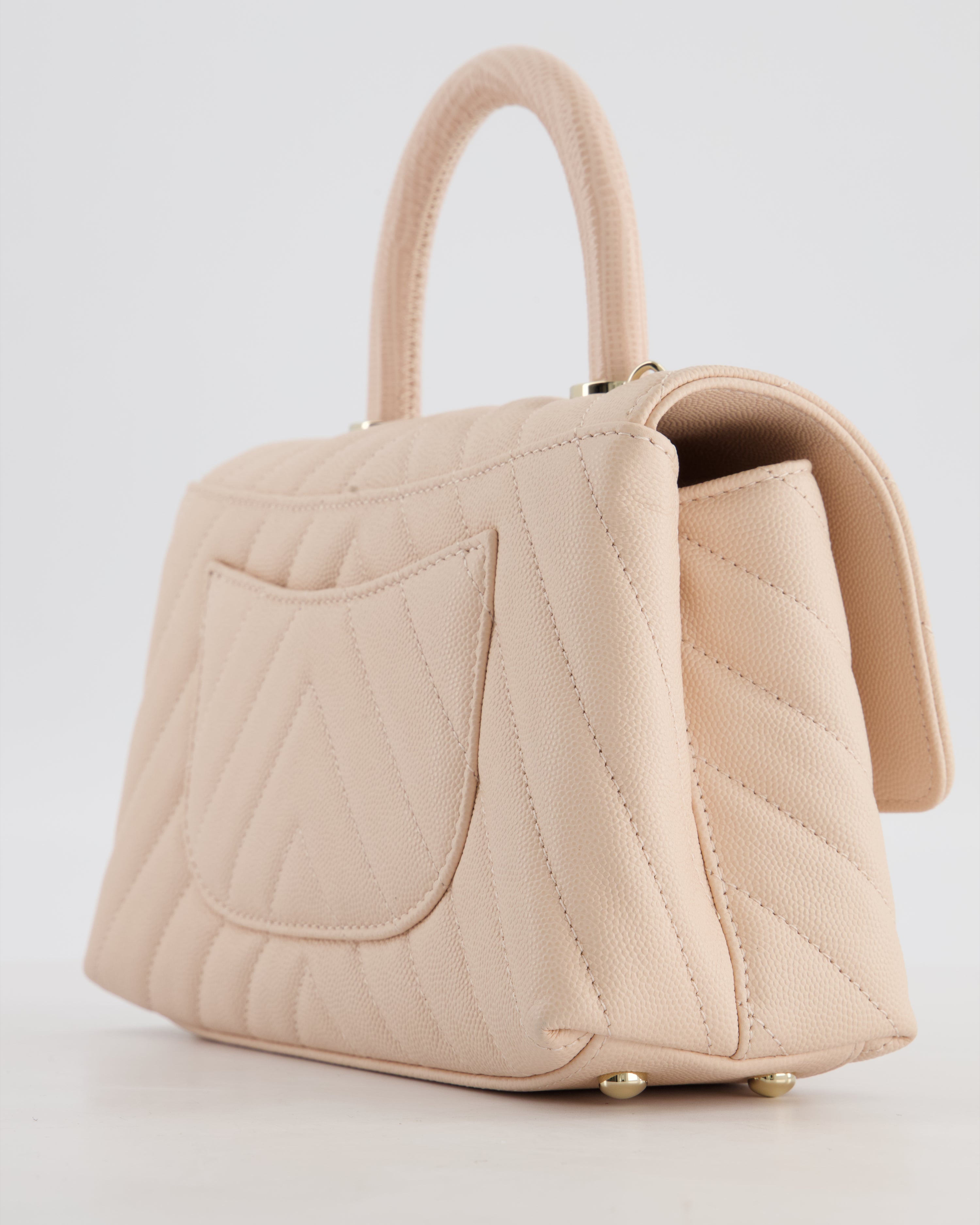 Chanel Blush Pink Chevron Small Coco Top Handle Flap Bag in Caviar Leather with Gold Hardware