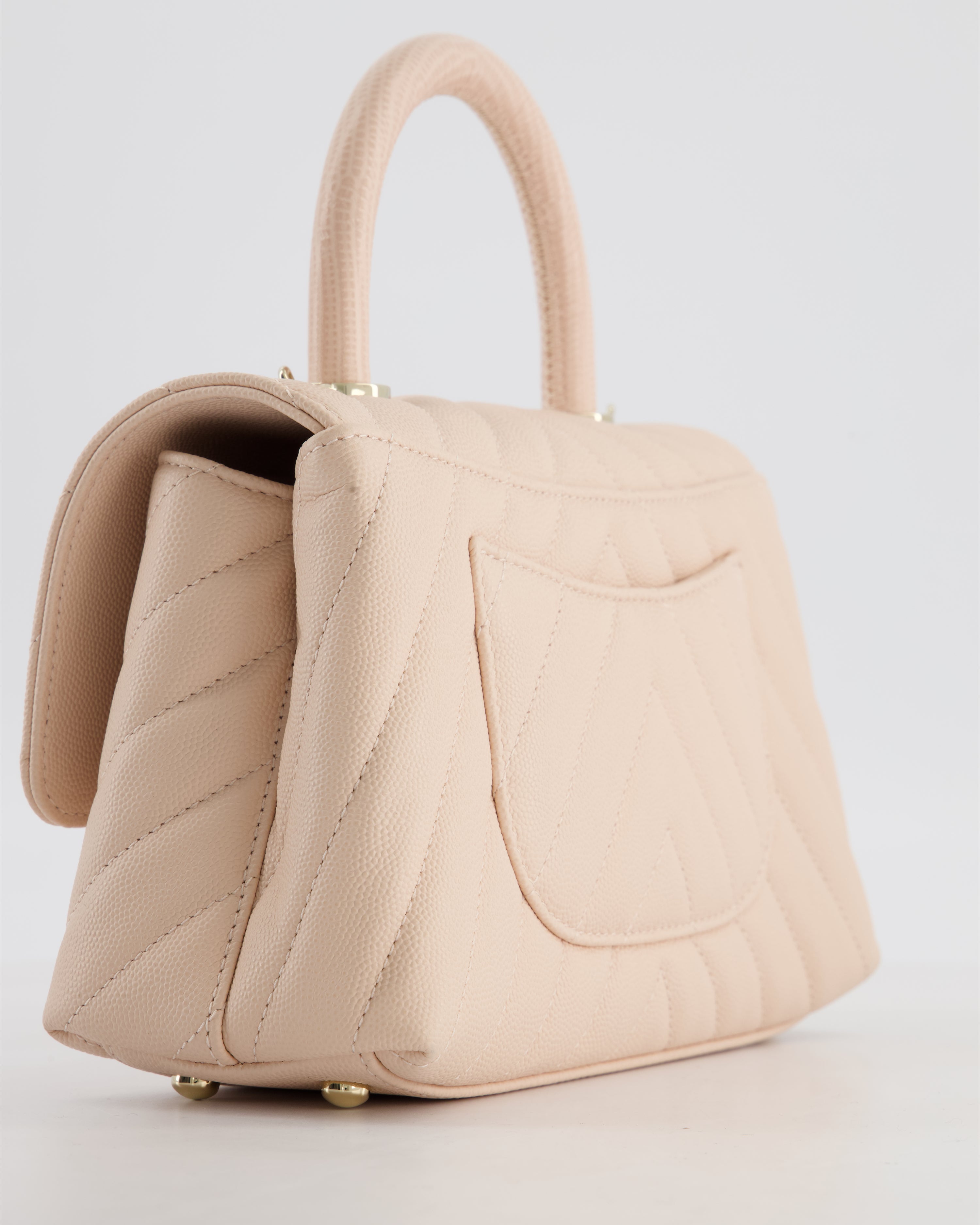 Chanel Blush Pink Chevron Small Coco Top Handle Flap Bag in Caviar Leather with Gold Hardware