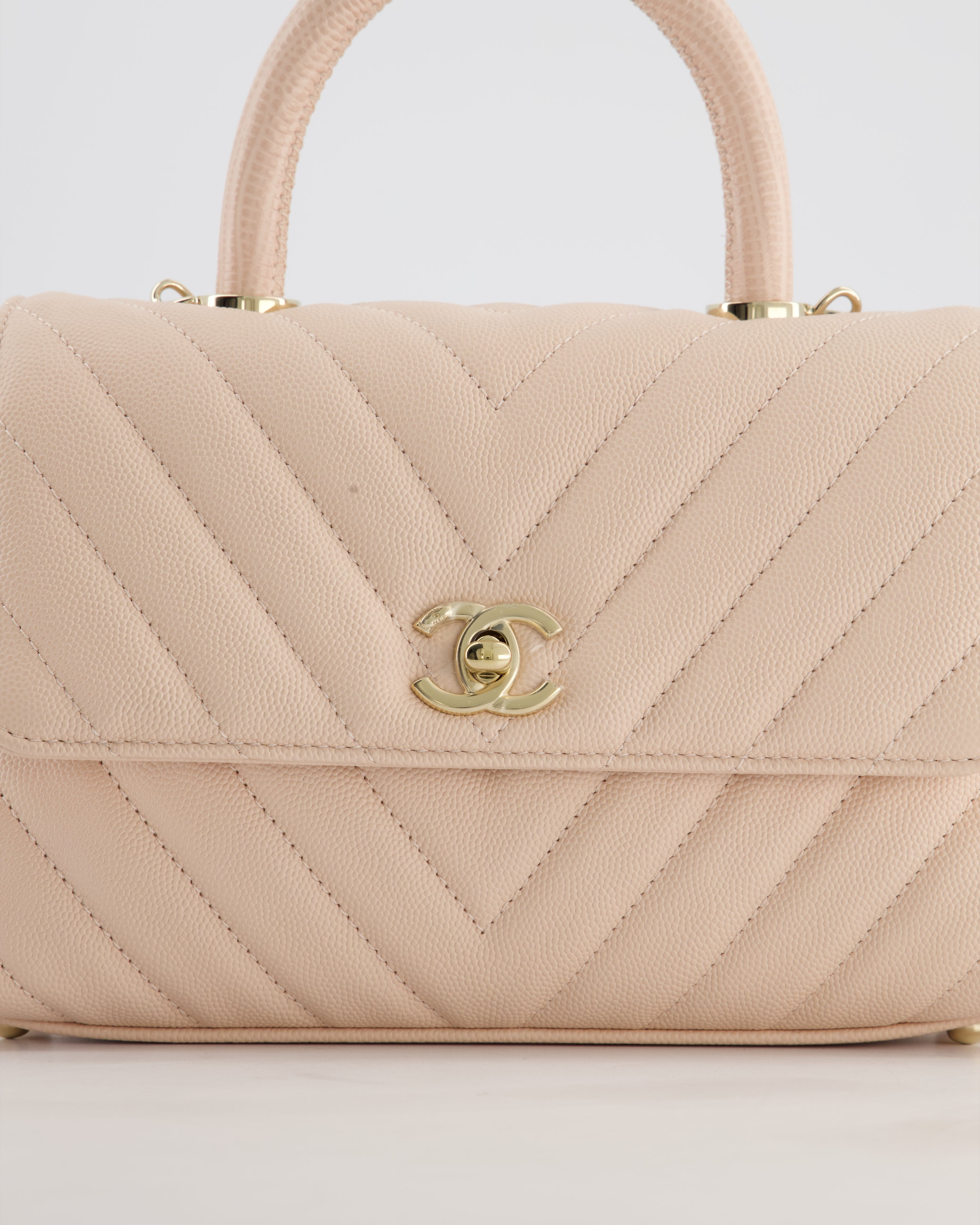 Chanel Blush Pink Chevron Small Coco Top Handle Flap Bag in Caviar Leather with Gold Hardware