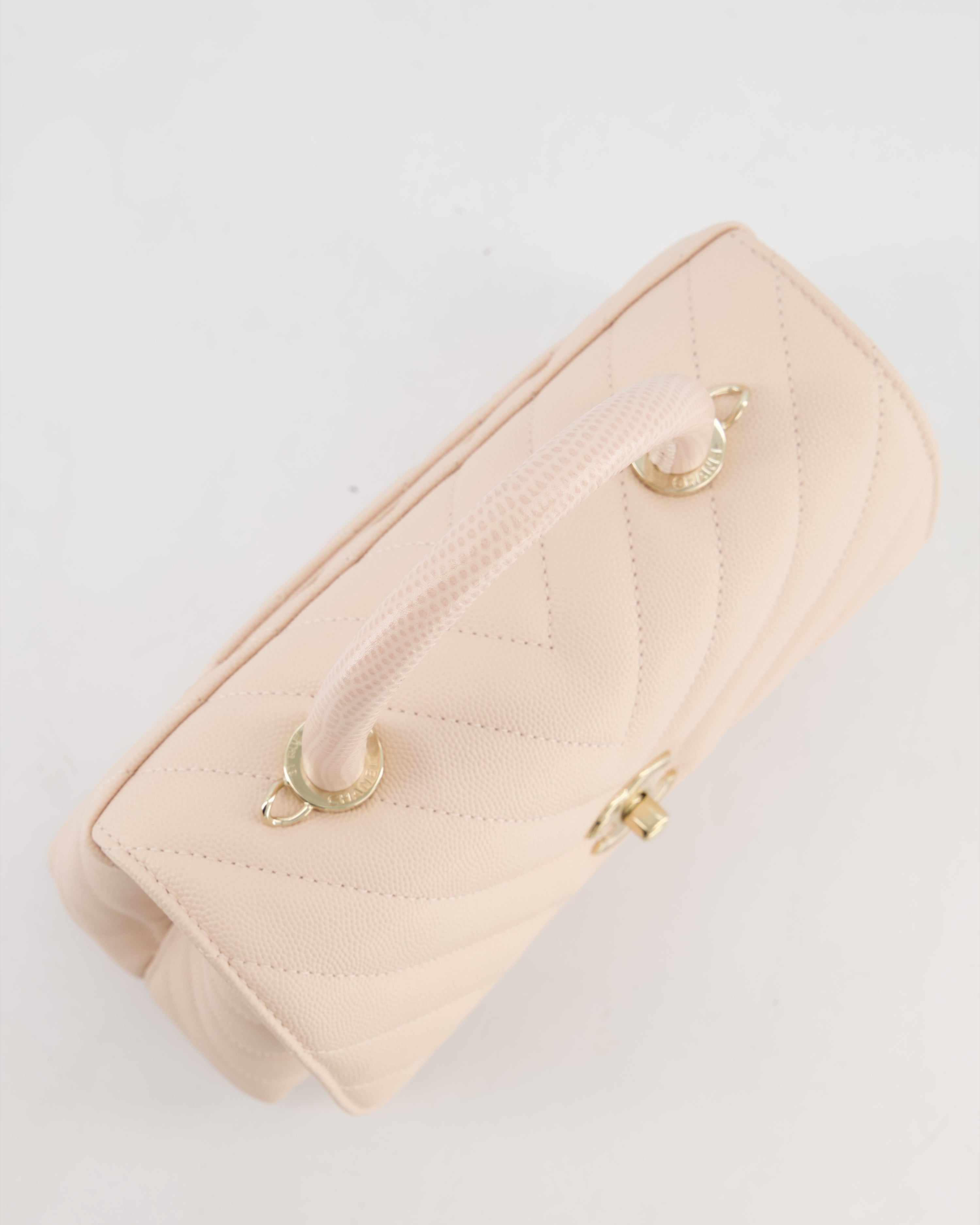 Chanel Blush Pink Chevron Small Coco Top Handle Flap Bag in Caviar Leather with Gold Hardware