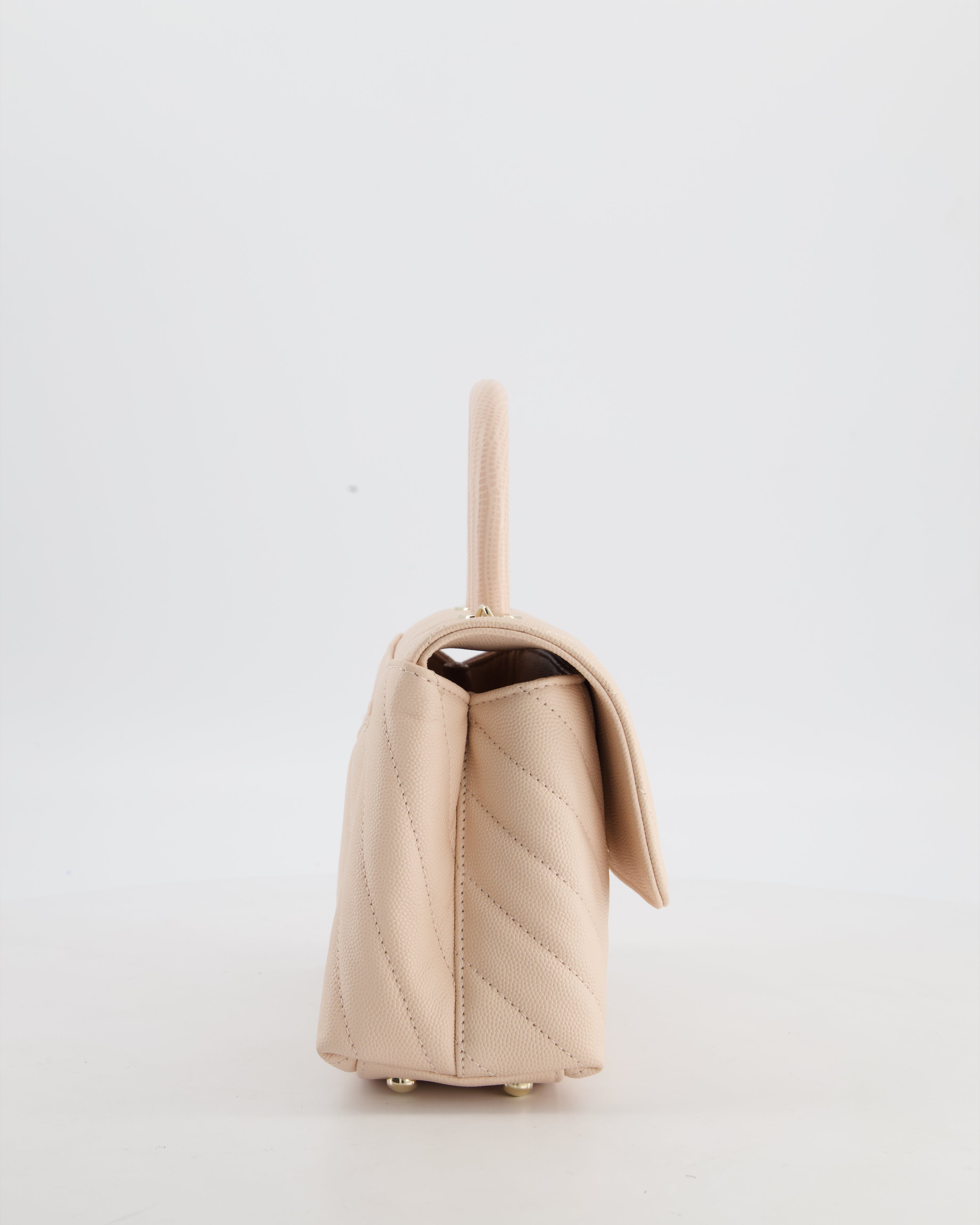 Chanel Blush Pink Chevron Small Coco Top Handle Flap Bag in Caviar Leather with Gold Hardware