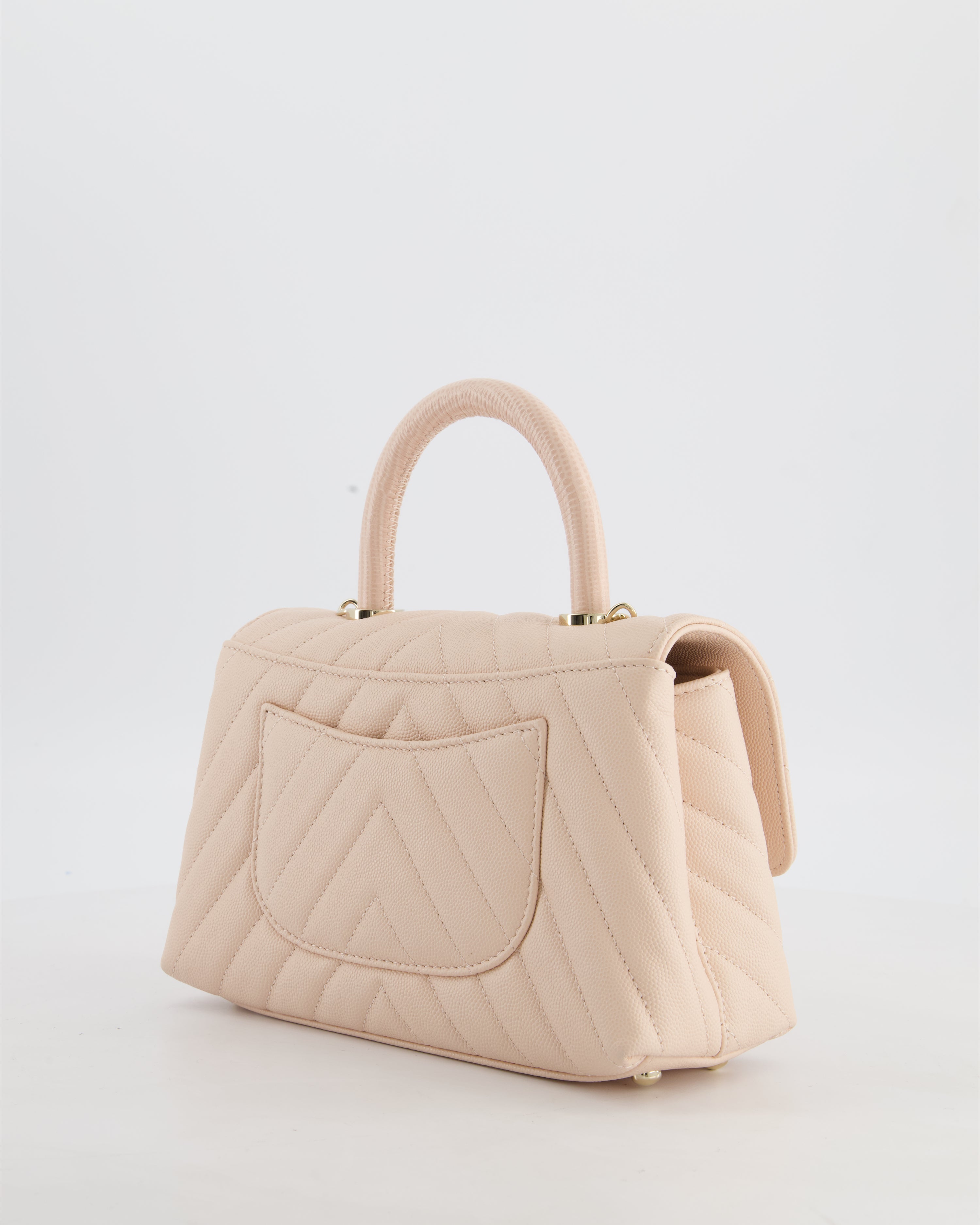 Chanel Blush Pink Chevron Small Coco Top Handle Flap Bag in Caviar Leather with Gold Hardware