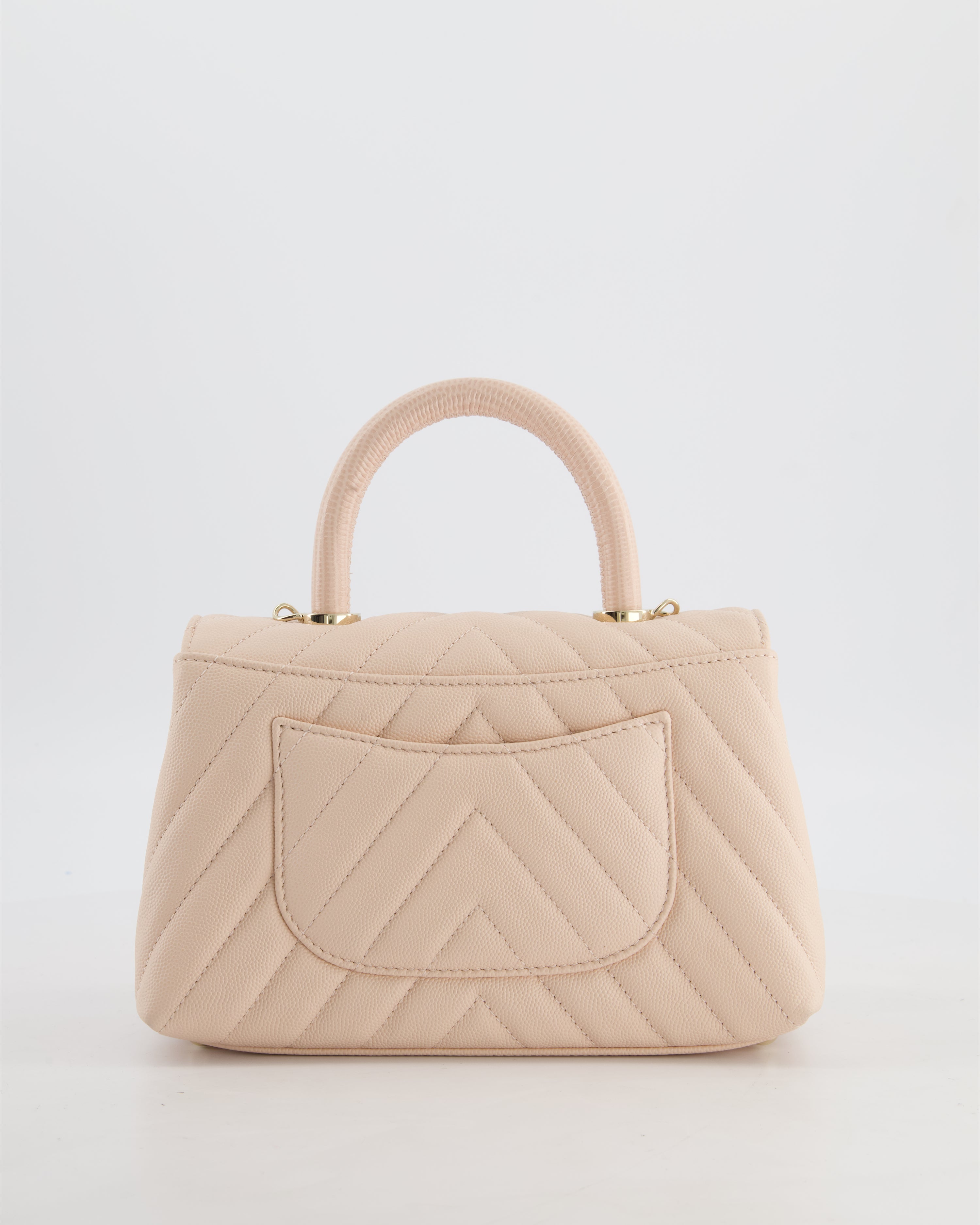 Chanel Blush Pink Chevron Small Coco Top Handle Flap Bag in Caviar Leather with Gold Hardware