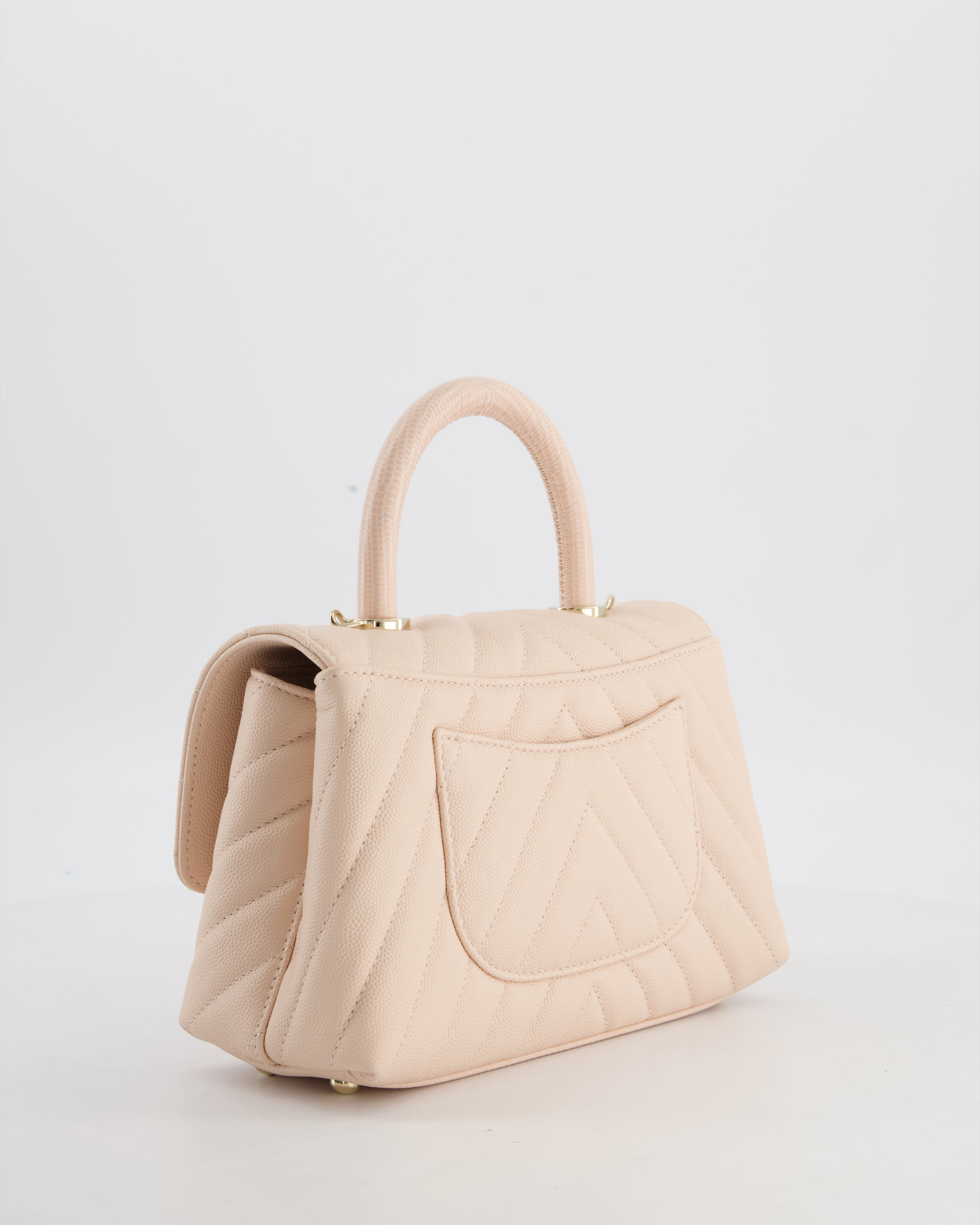Chanel Blush Pink Chevron Small Coco Top Handle Flap Bag in Caviar Leather with Gold Hardware
