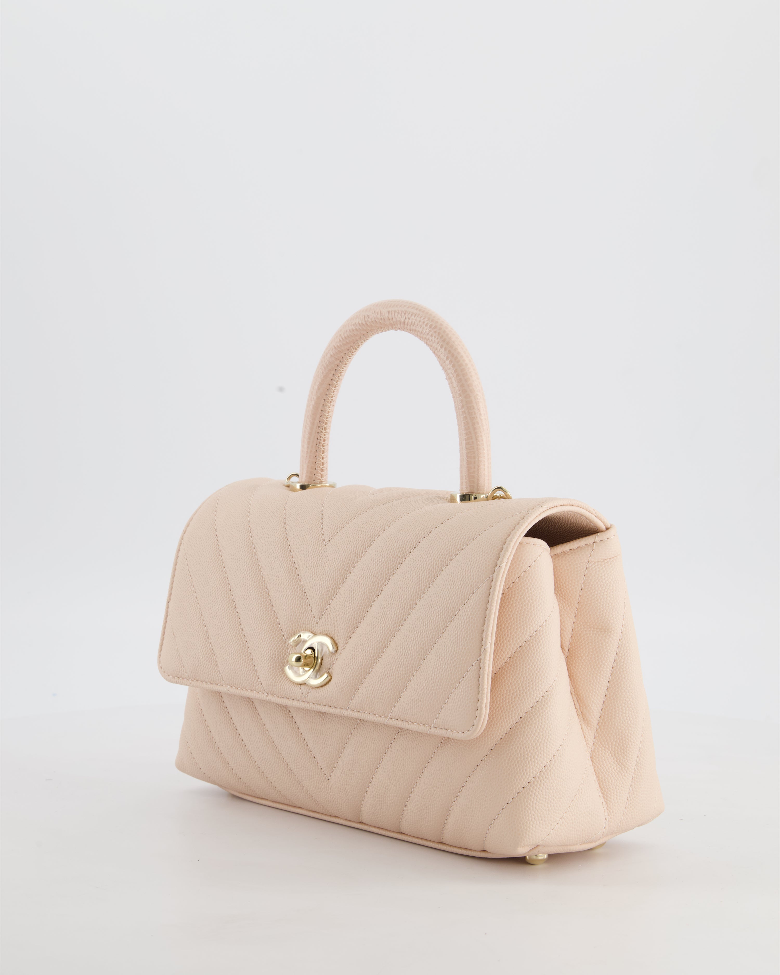 Chanel Blush Pink Chevron Small Coco Top Handle Flap Bag in Caviar Leather with Gold Hardware