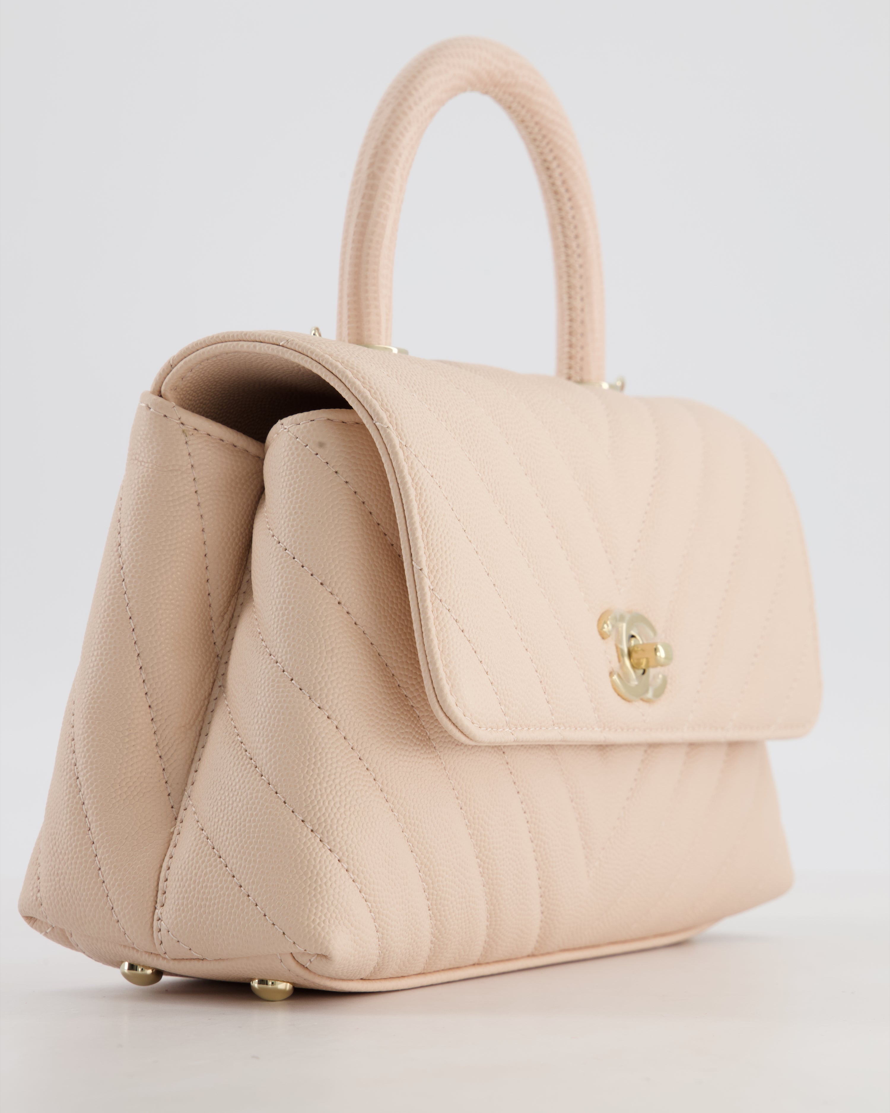 Chanel Blush Pink Chevron Small Coco Top Handle Flap Bag in Caviar Leather with Gold Hardware