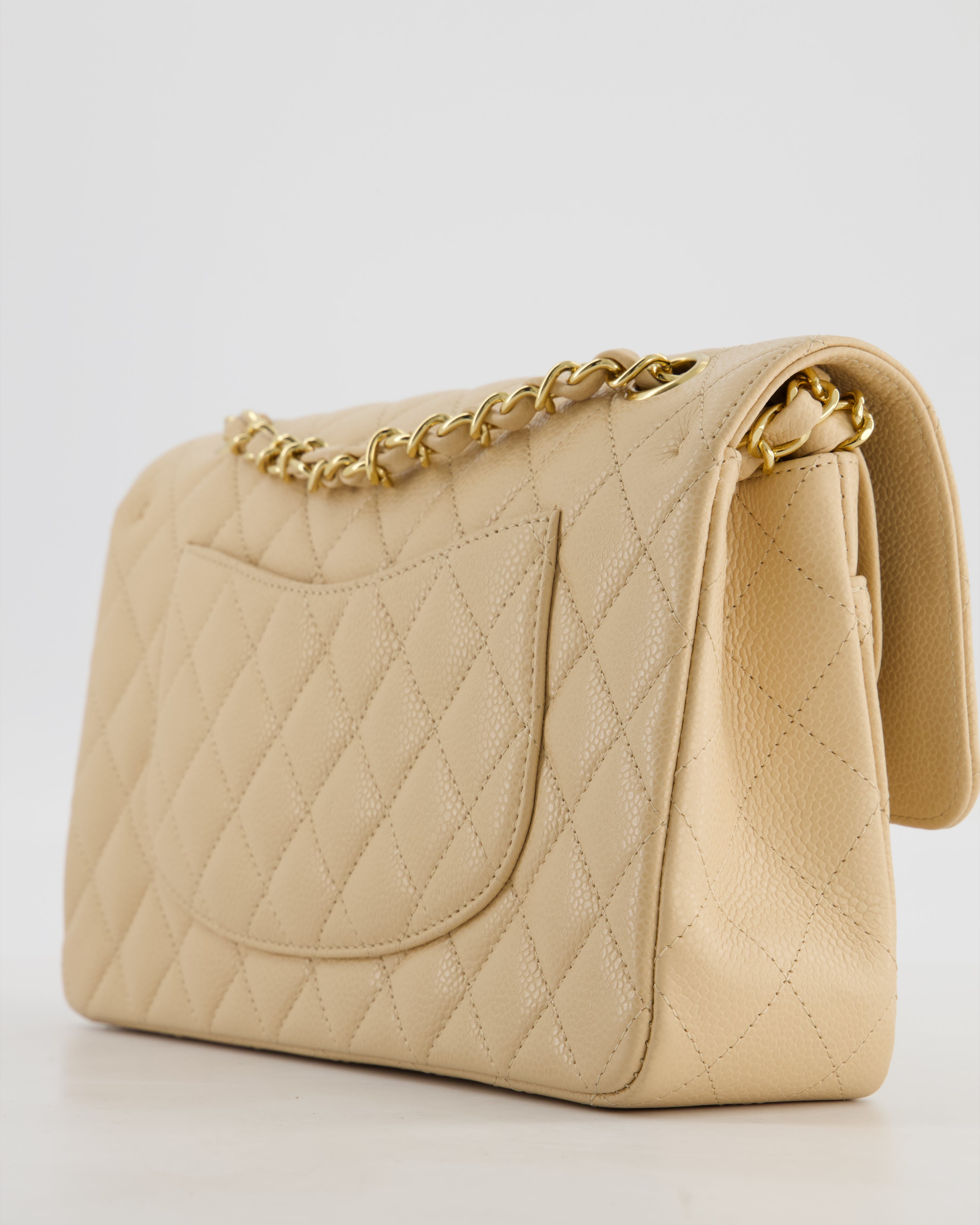 Chanel Beige Stitched Edge Classic Double Flap Bag in Caviar Leather with Gold Hardware