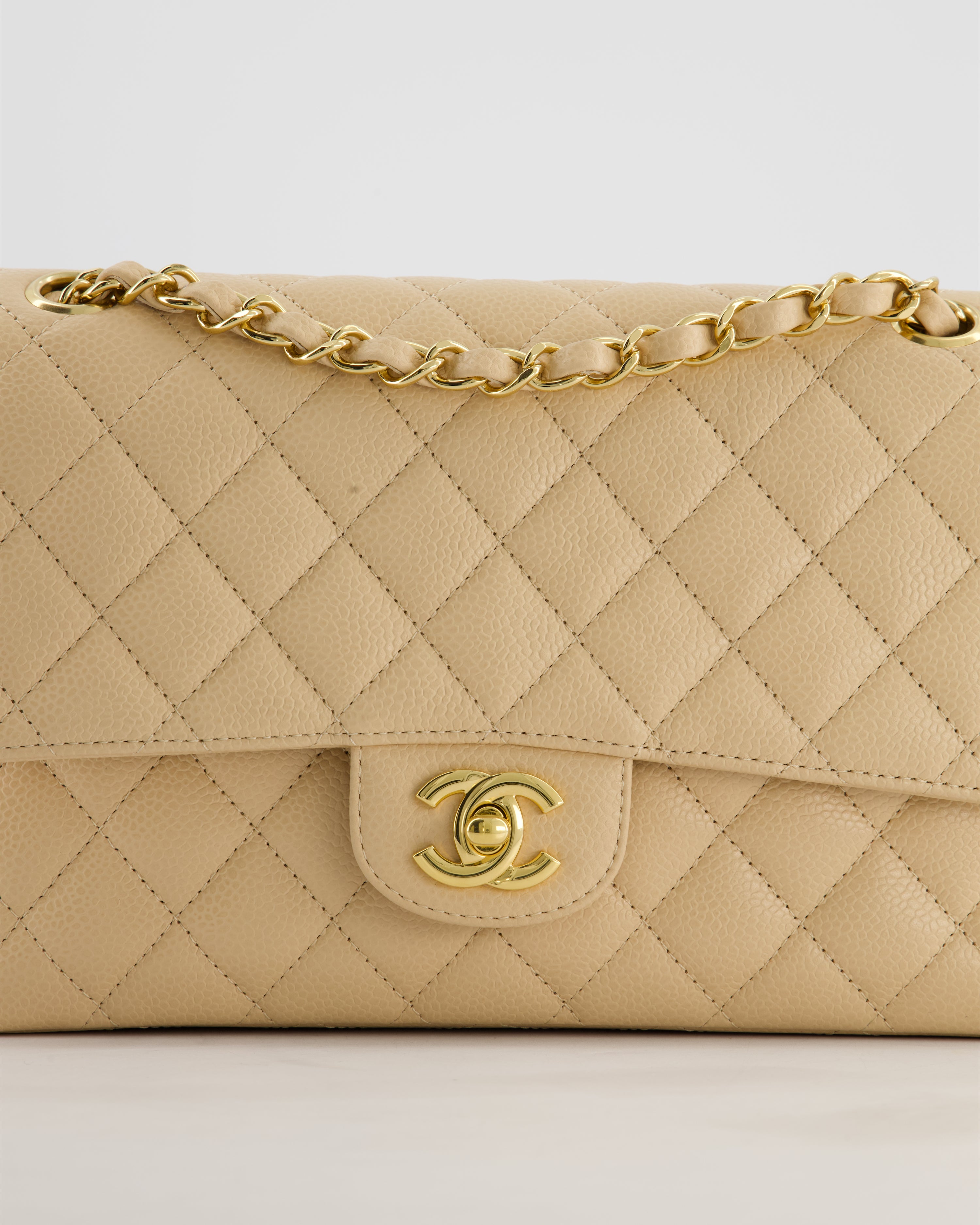 Chanel Beige Stitched Edge Classic Double Flap Bag in Caviar Leather with Gold Hardware