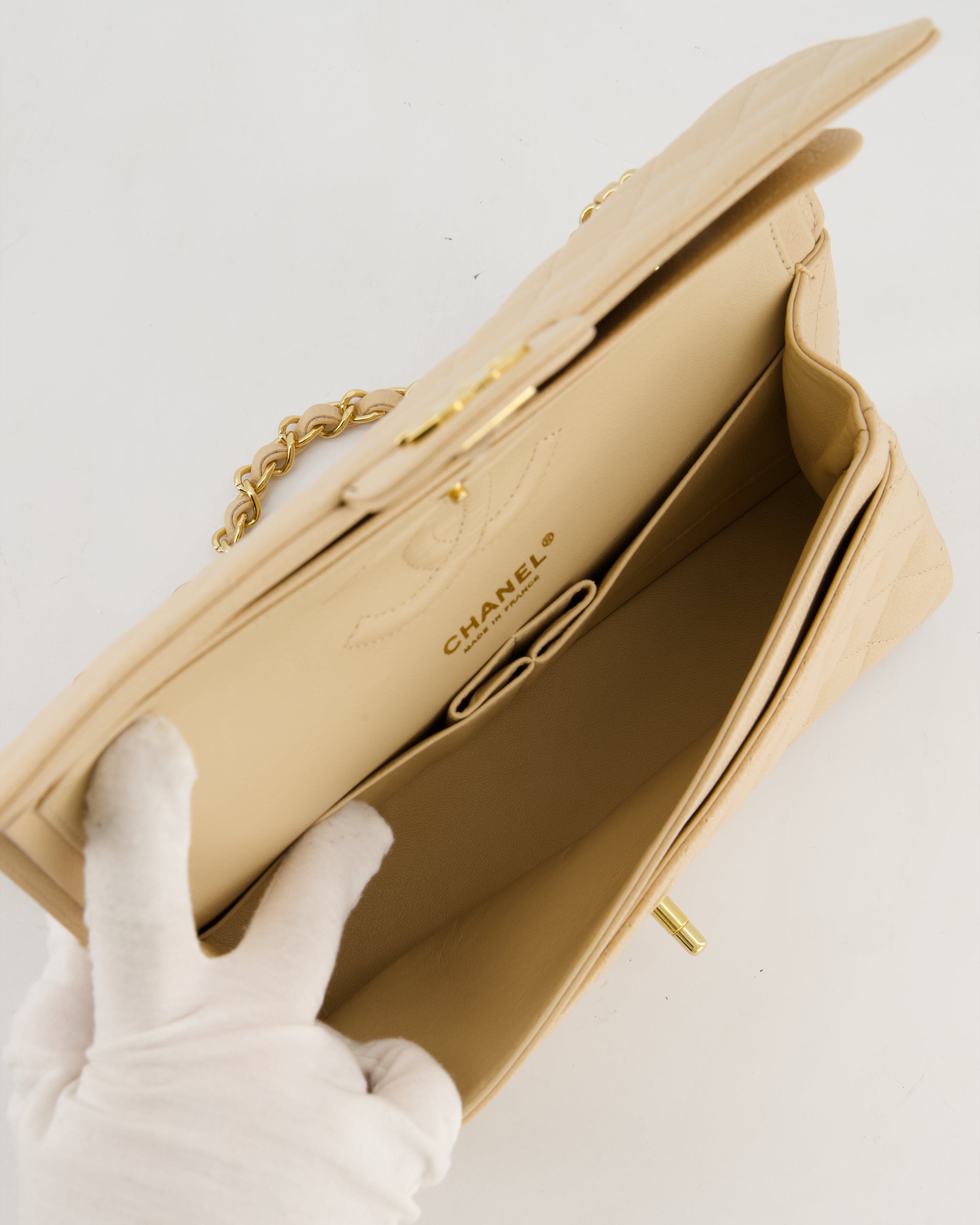 Chanel Beige Stitched Edge Classic Double Flap Bag in Caviar Leather with Gold Hardware