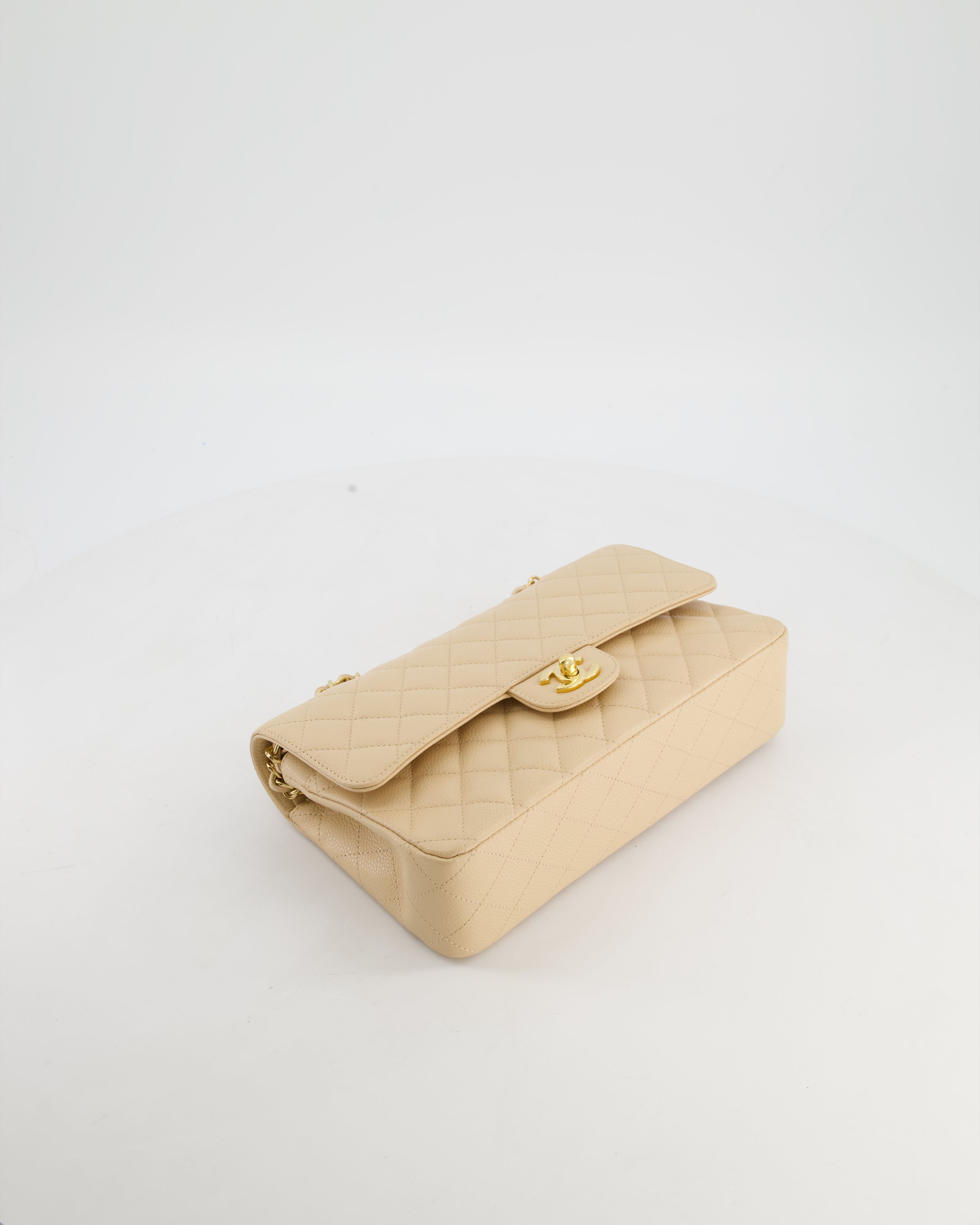 Chanel Beige Stitched Edge Classic Double Flap Bag in Caviar Leather with Gold Hardware