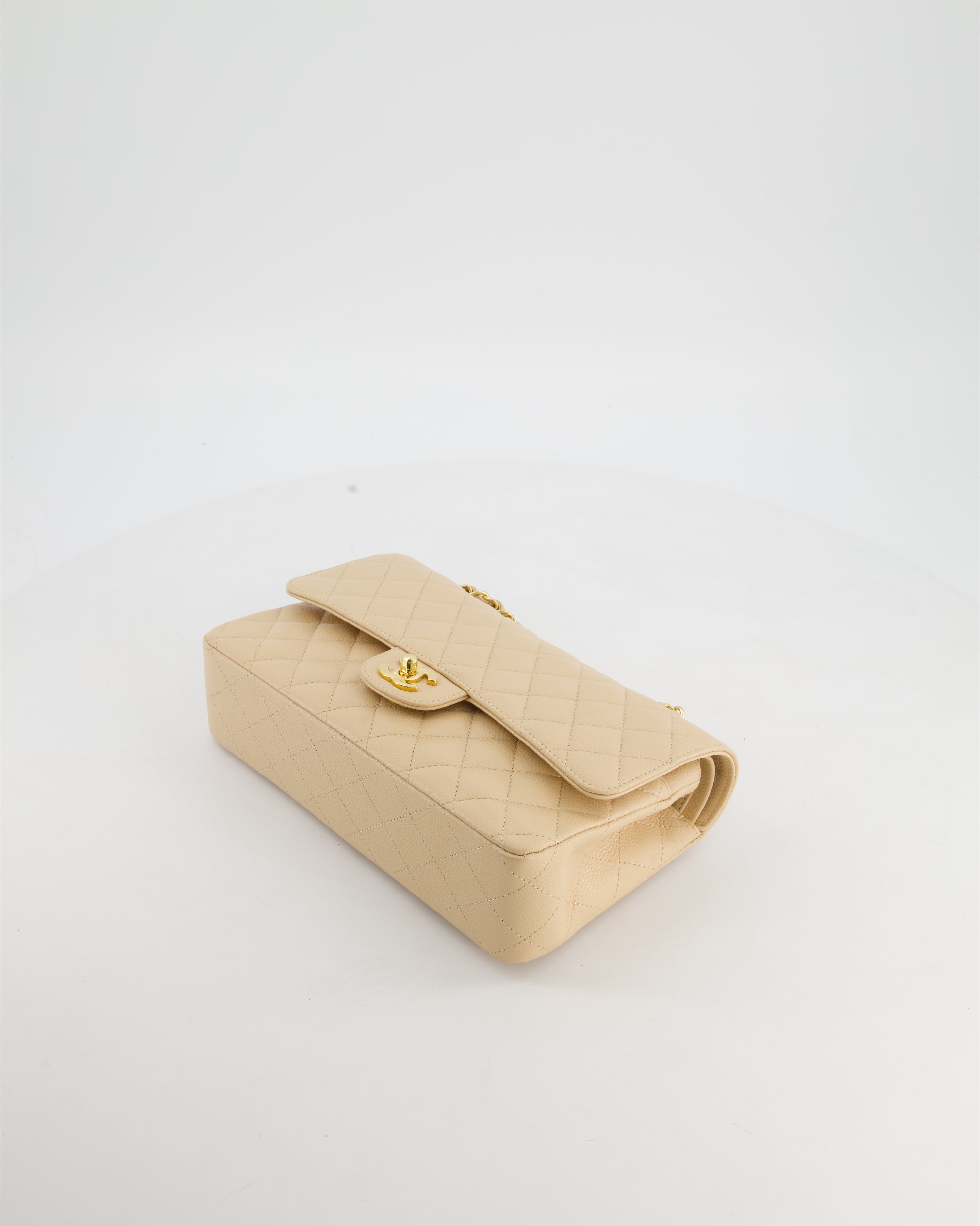 Chanel Beige Stitched Edge Classic Double Flap Bag in Caviar Leather with Gold Hardware