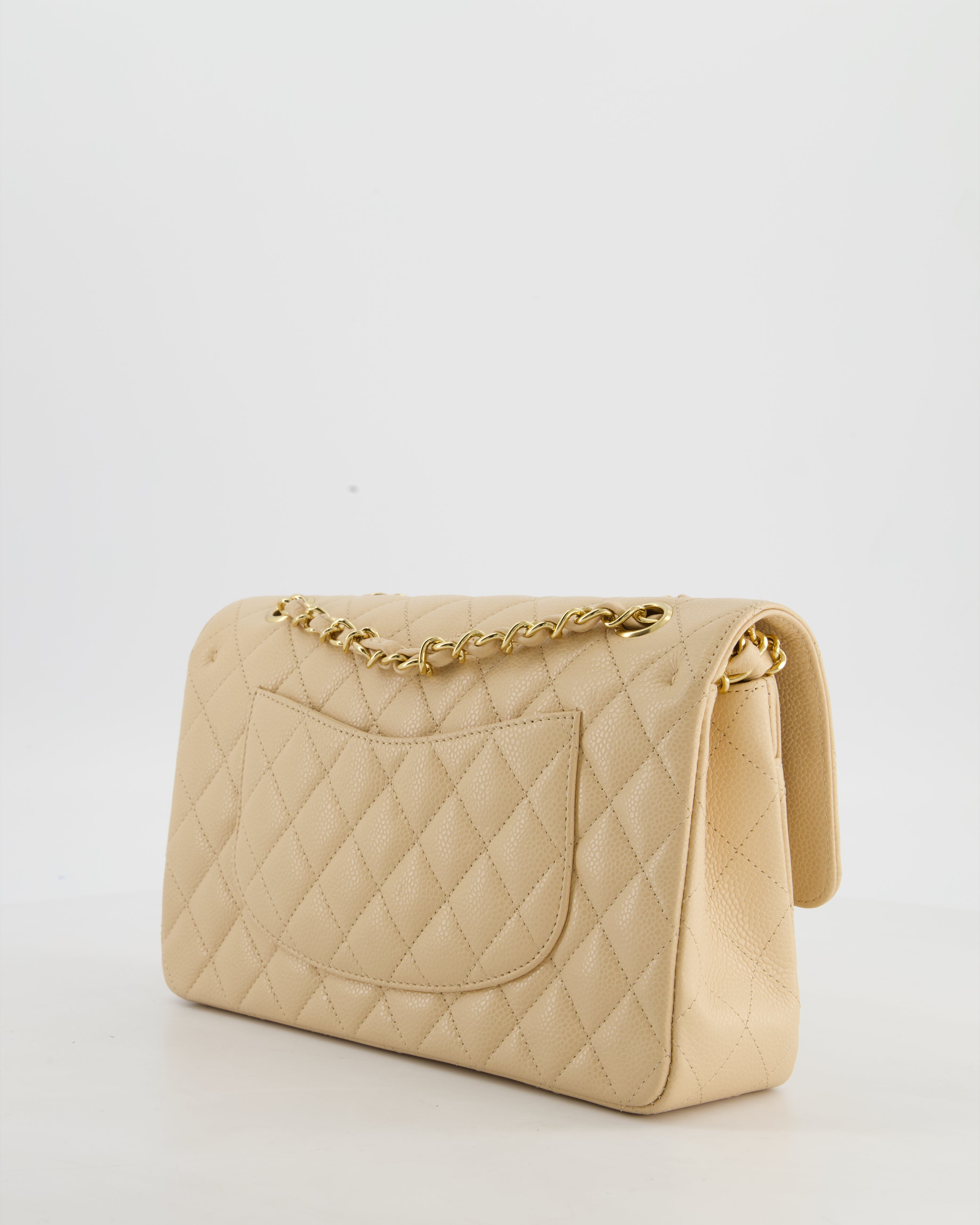 Chanel Beige Stitched Edge Classic Double Flap Bag in Caviar Leather with Gold Hardware