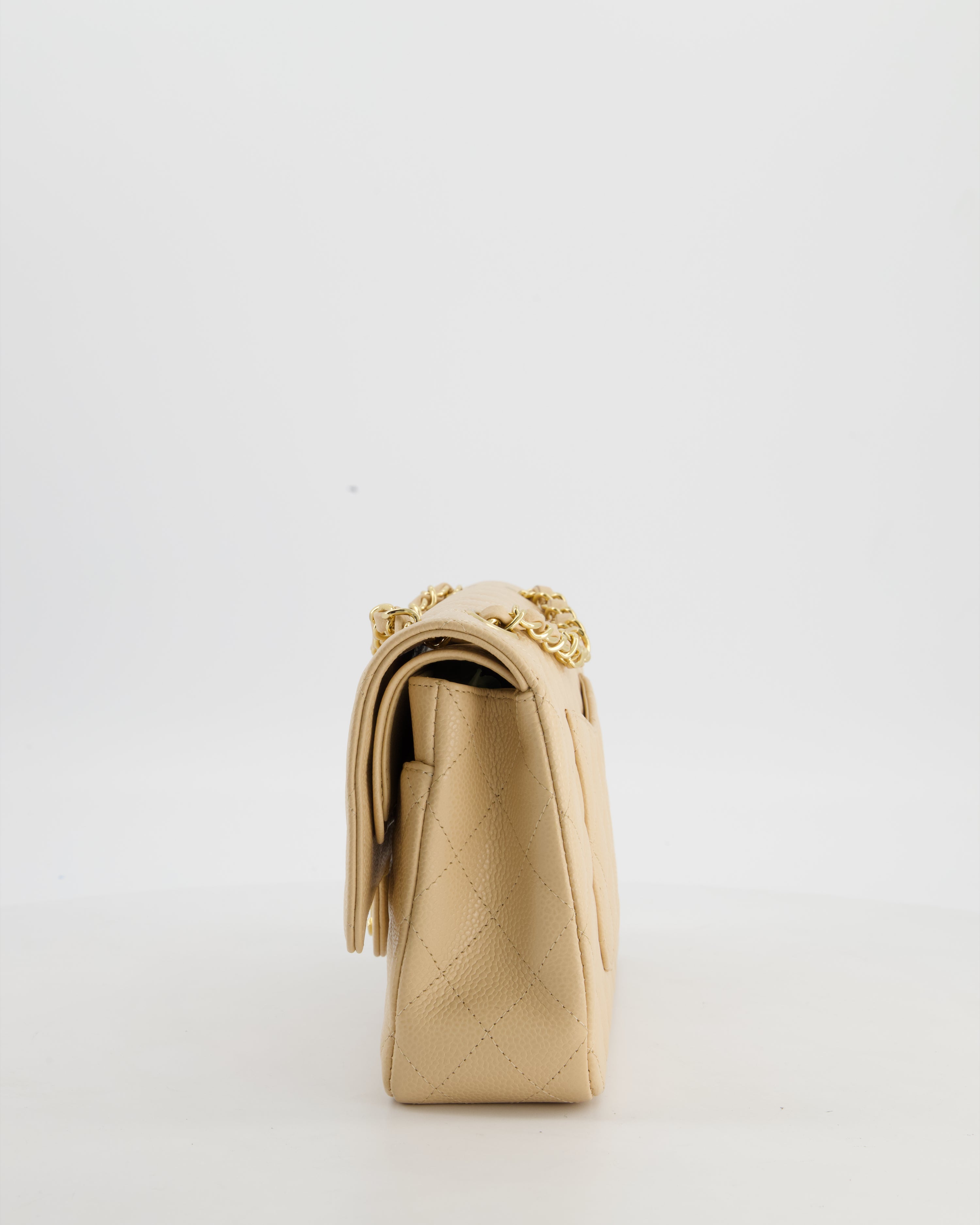 Chanel Beige Stitched Edge Classic Double Flap Bag in Caviar Leather with Gold Hardware