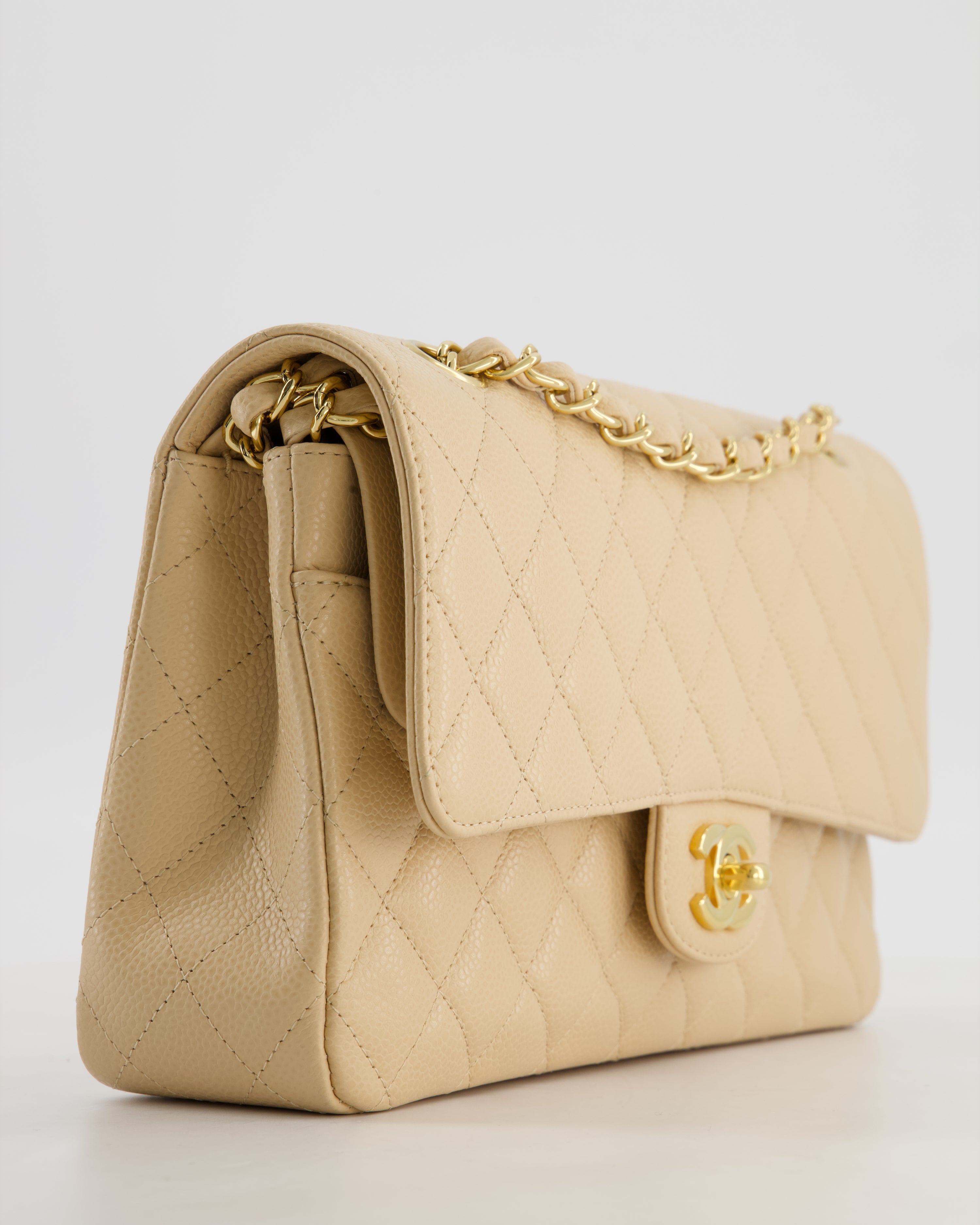 Chanel Beige Stitched Edge Classic Double Flap Bag in Caviar Leather with Gold Hardware