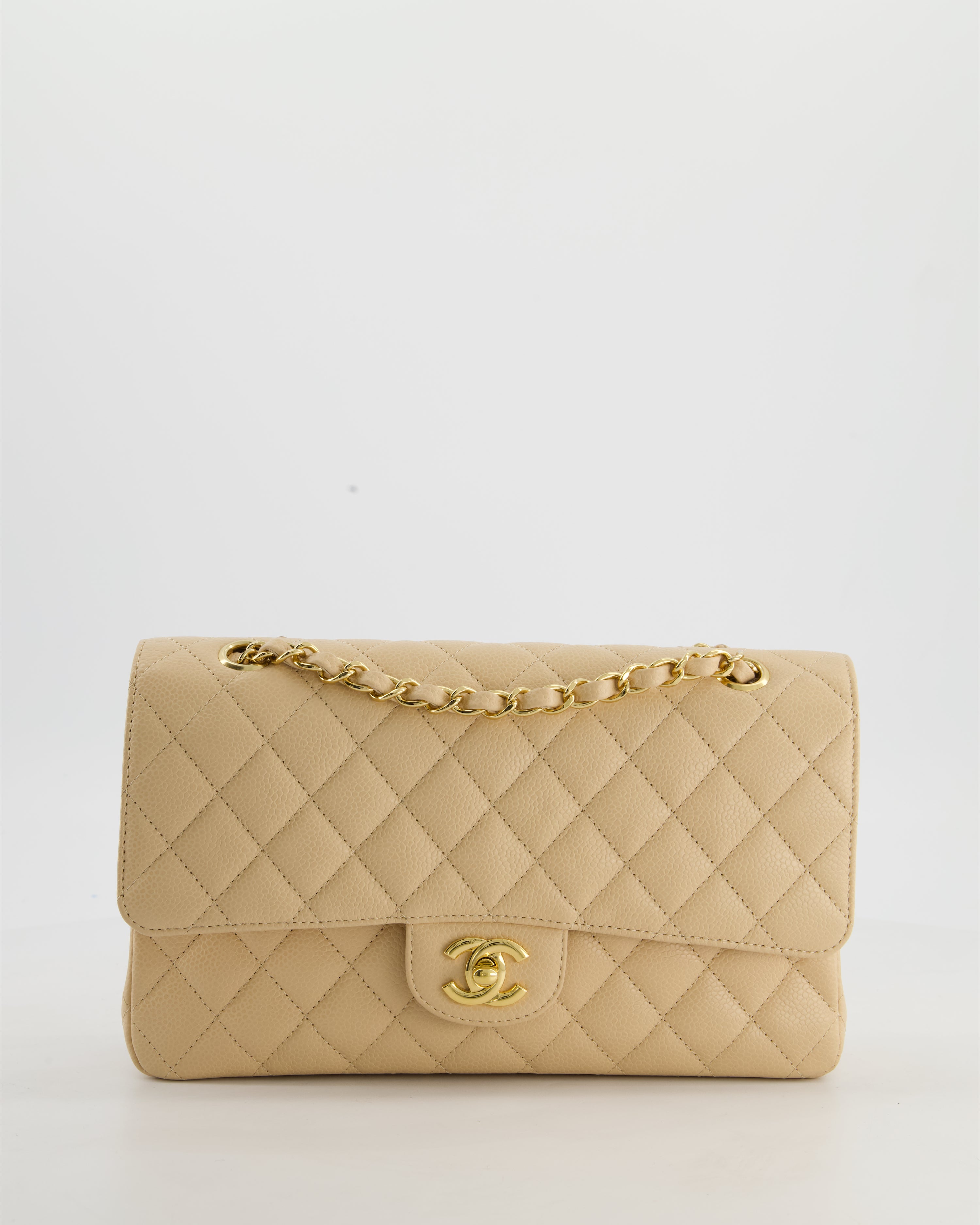 Chanel Beige Stitched Edge Classic Double Flap Bag in Caviar Leather with Gold Hardware
