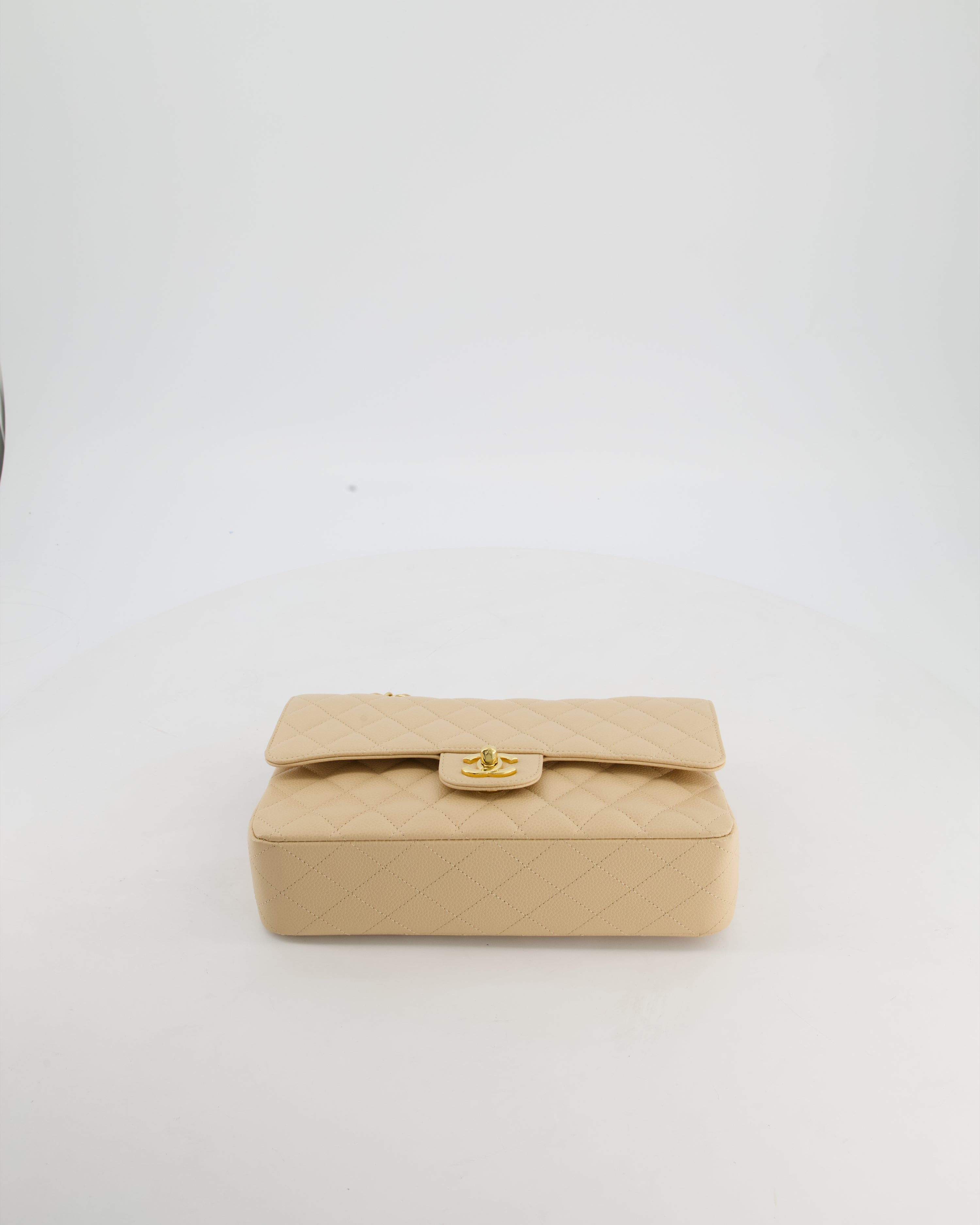 Chanel Beige Stitched Edge Classic Double Flap Bag in Caviar Leather with Gold Hardware