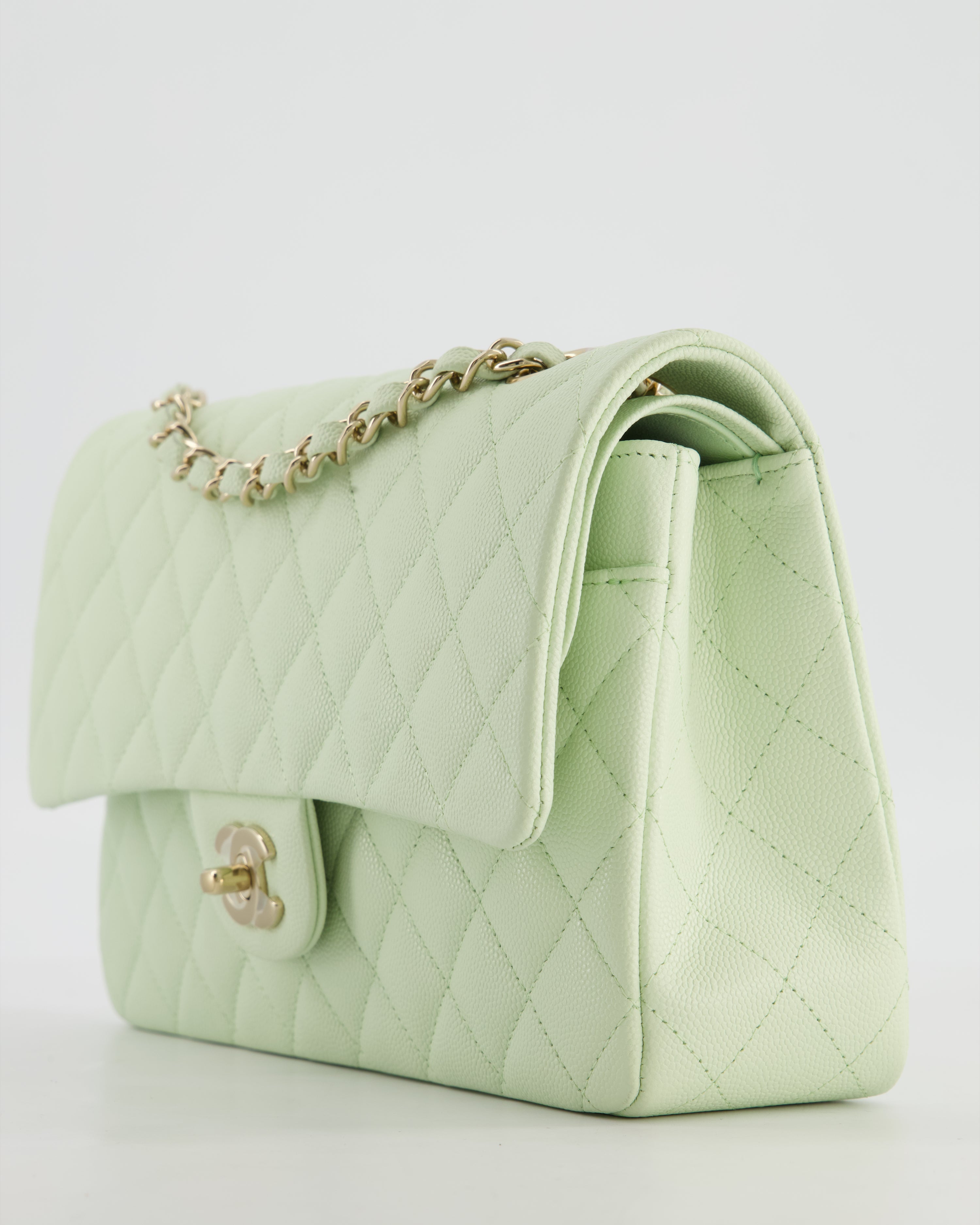 *RARE* Chanel Pastel Mint Green Classic Double Flap Bag in Caviar Leather with Champagne Gold Hardware