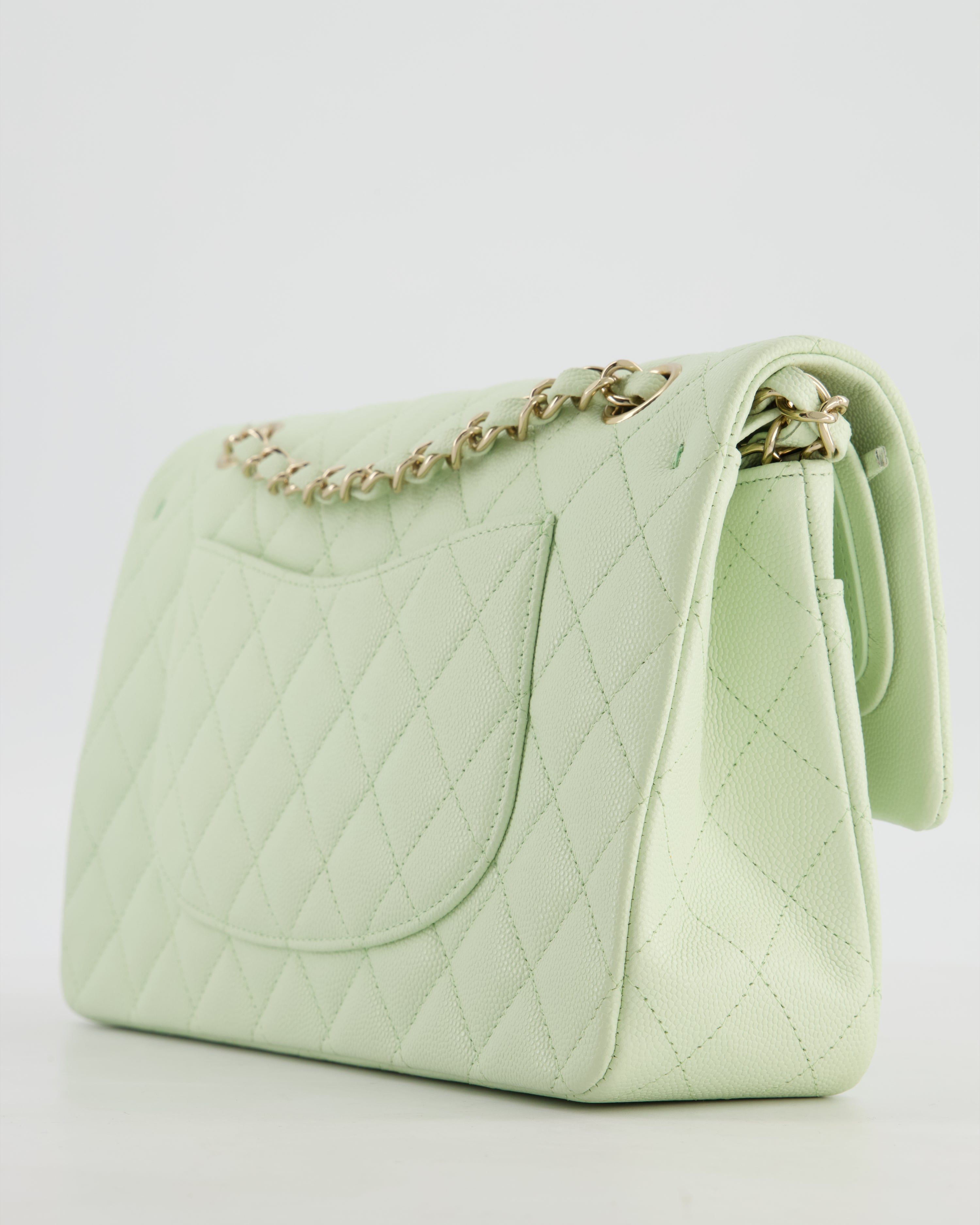 *RARE* Chanel Pastel Mint Green Classic Double Flap Bag in Caviar Leather with Champagne Gold Hardware
