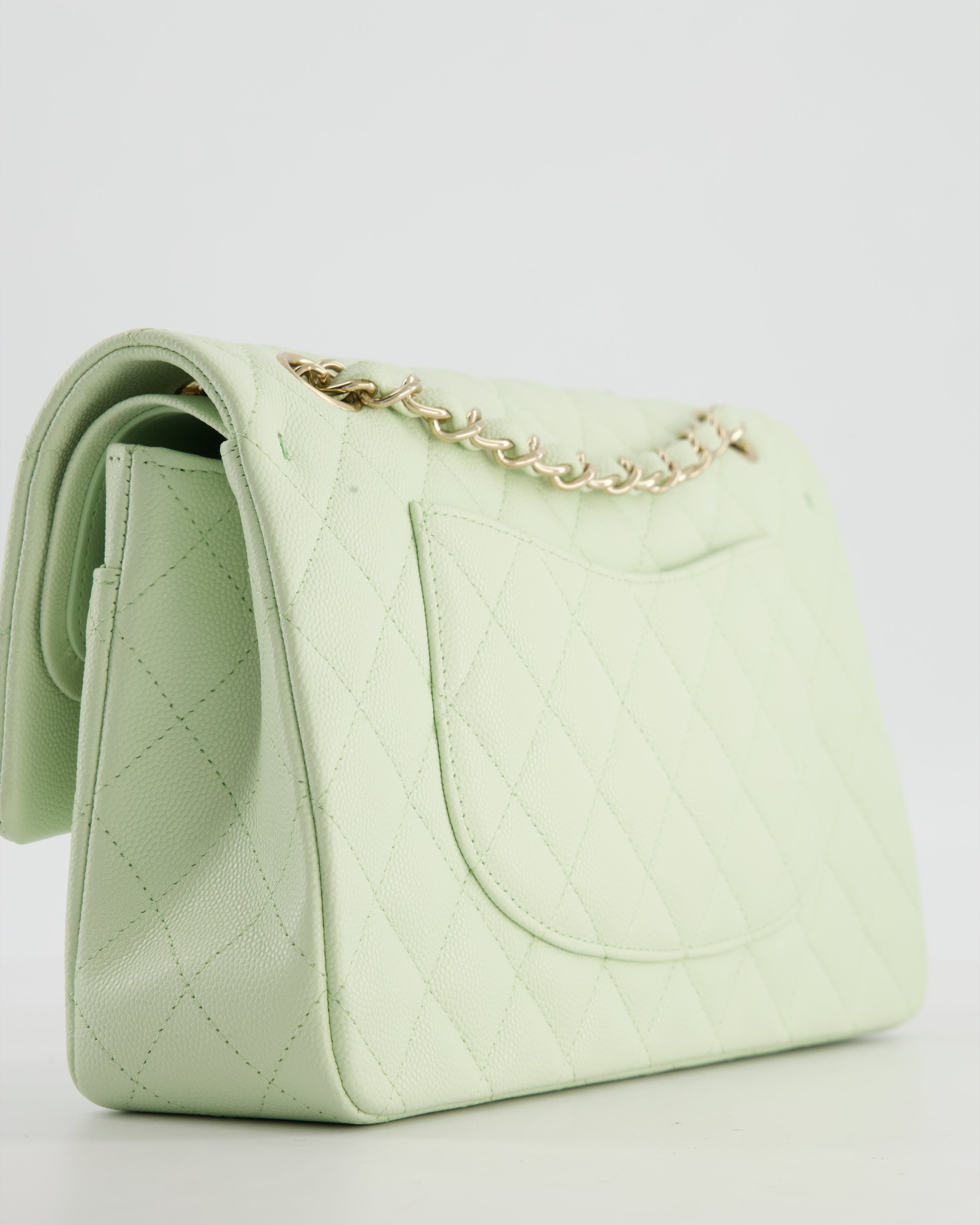 *RARE* Chanel Pastel Mint Green Classic Double Flap Bag in Caviar Leather with Champagne Gold Hardware