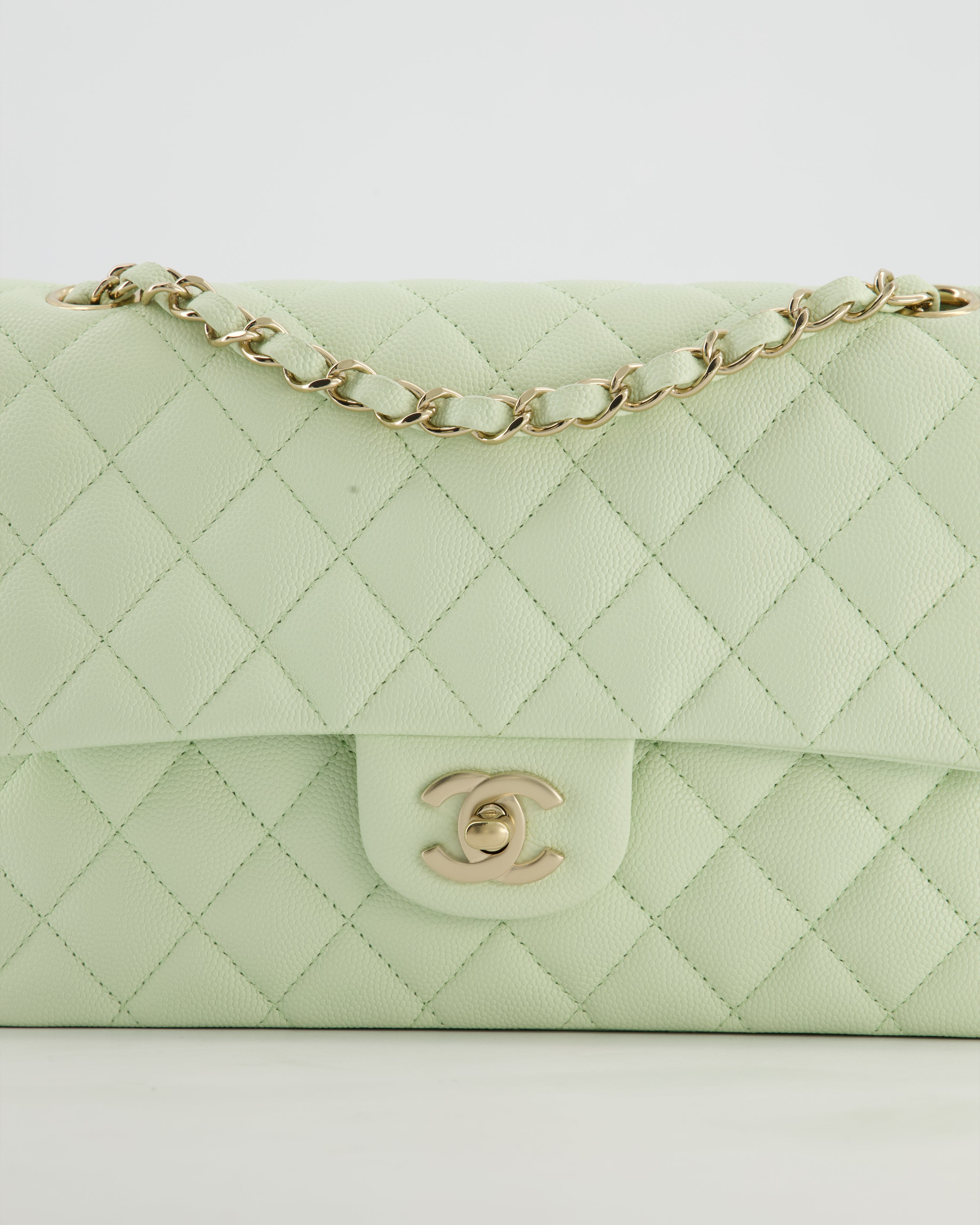 *RARE* Chanel Pastel Mint Green Classic Double Flap Bag in Caviar Leather with Champagne Gold Hardware