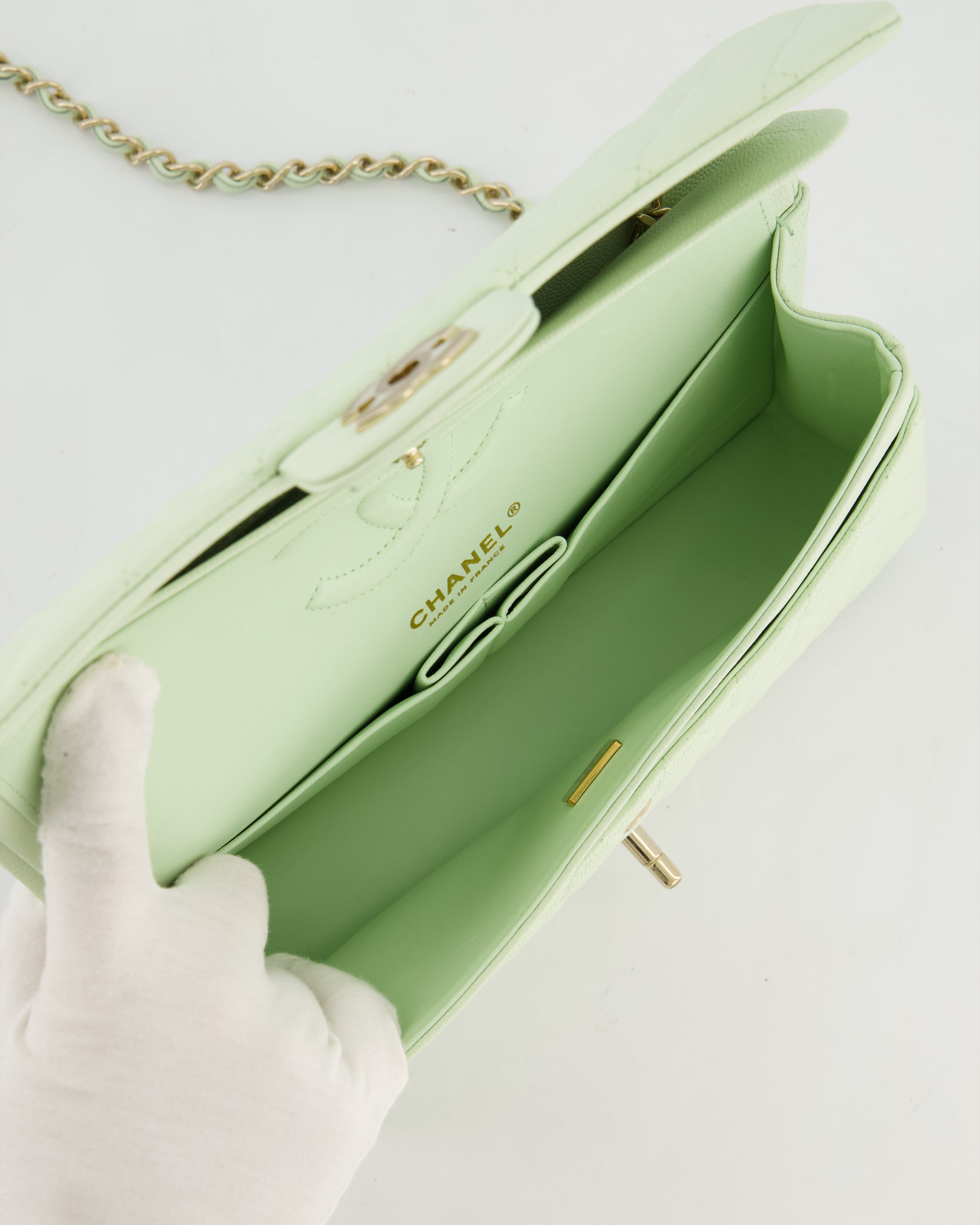 *RARE* Chanel Pastel Mint Green Classic Double Flap Bag in Caviar Leather with Champagne Gold Hardware