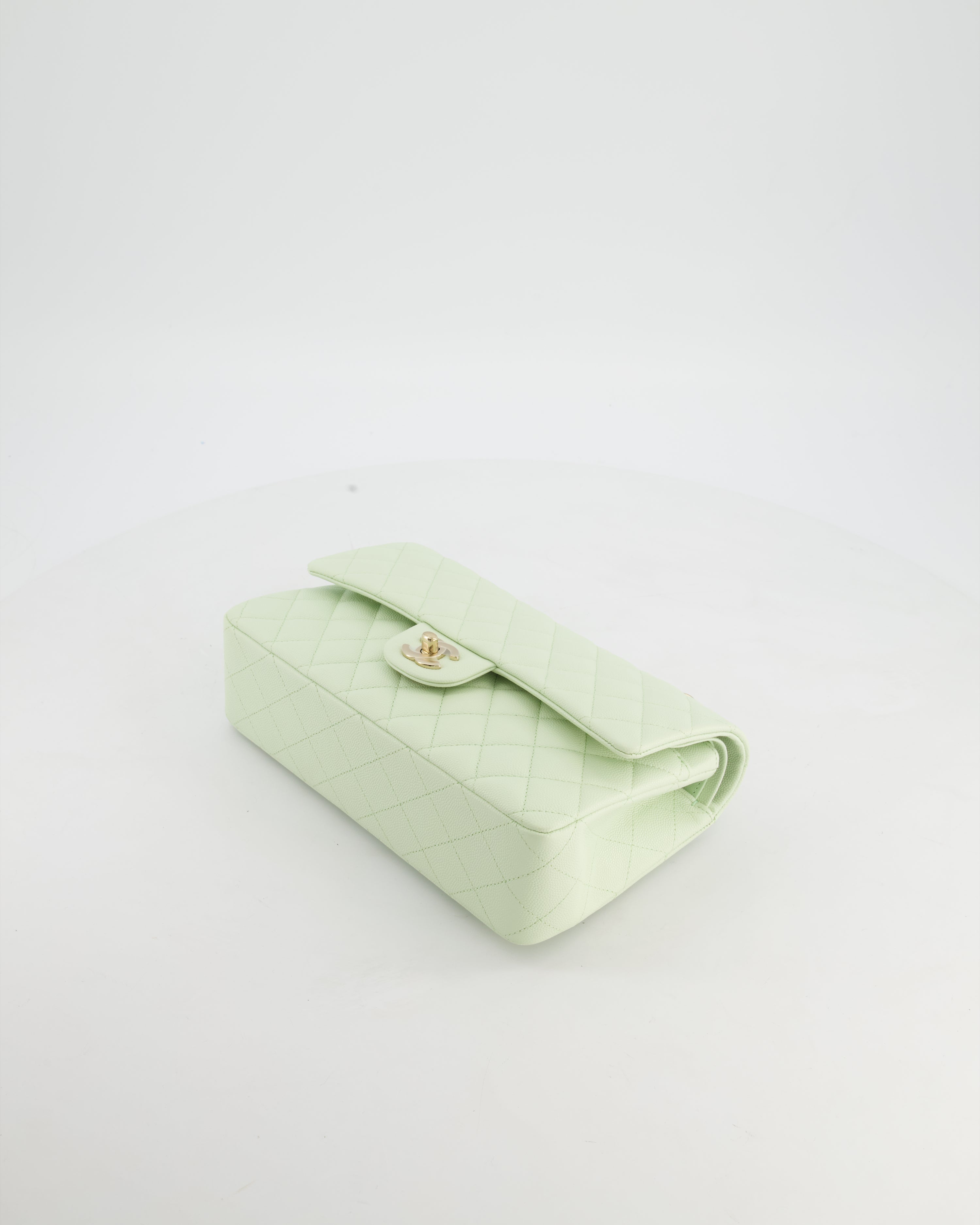 *RARE* Chanel Pastel Mint Green Classic Double Flap Bag in Caviar Leather with Champagne Gold Hardware