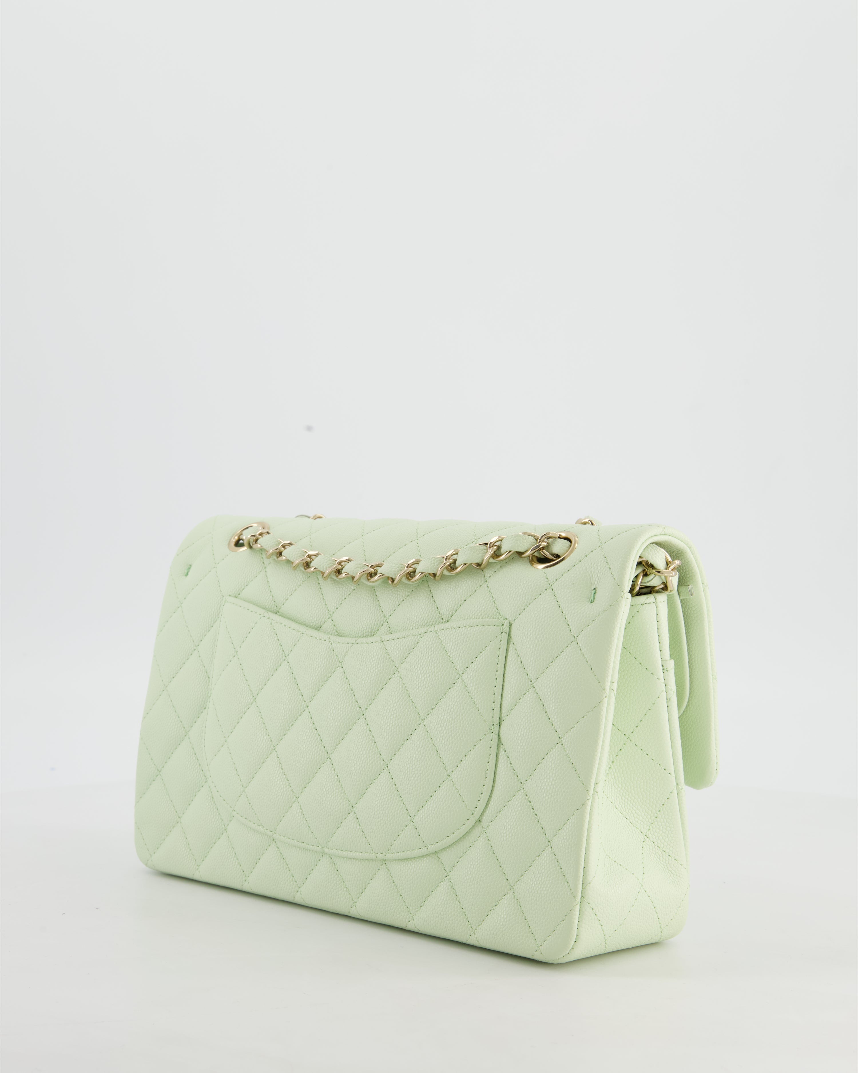 *RARE* Chanel Pastel Mint Green Classic Double Flap Bag in Caviar Leather with Champagne Gold Hardware