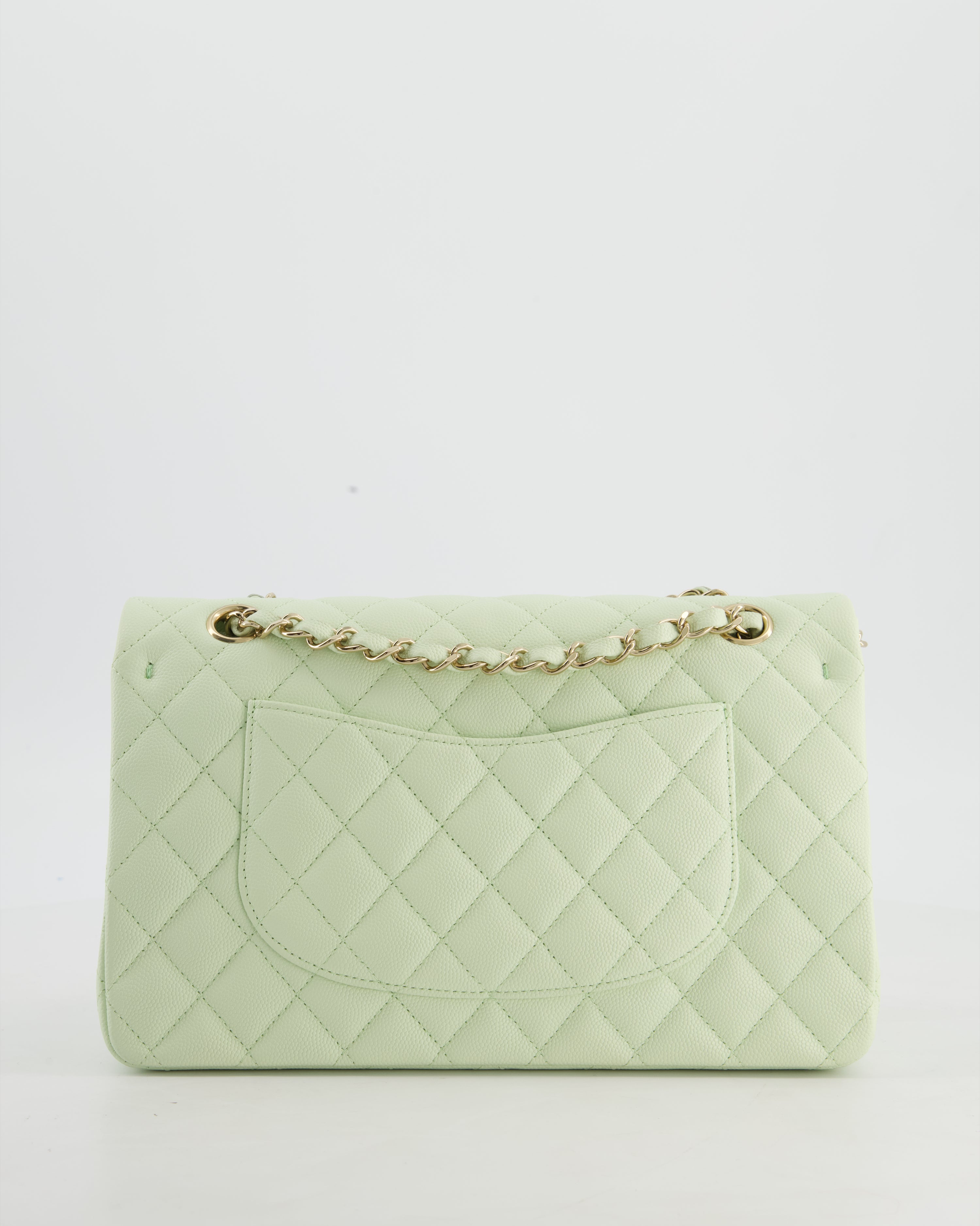 *RARE* Chanel Pastel Mint Green Classic Double Flap Bag in Caviar Leather with Champagne Gold Hardware