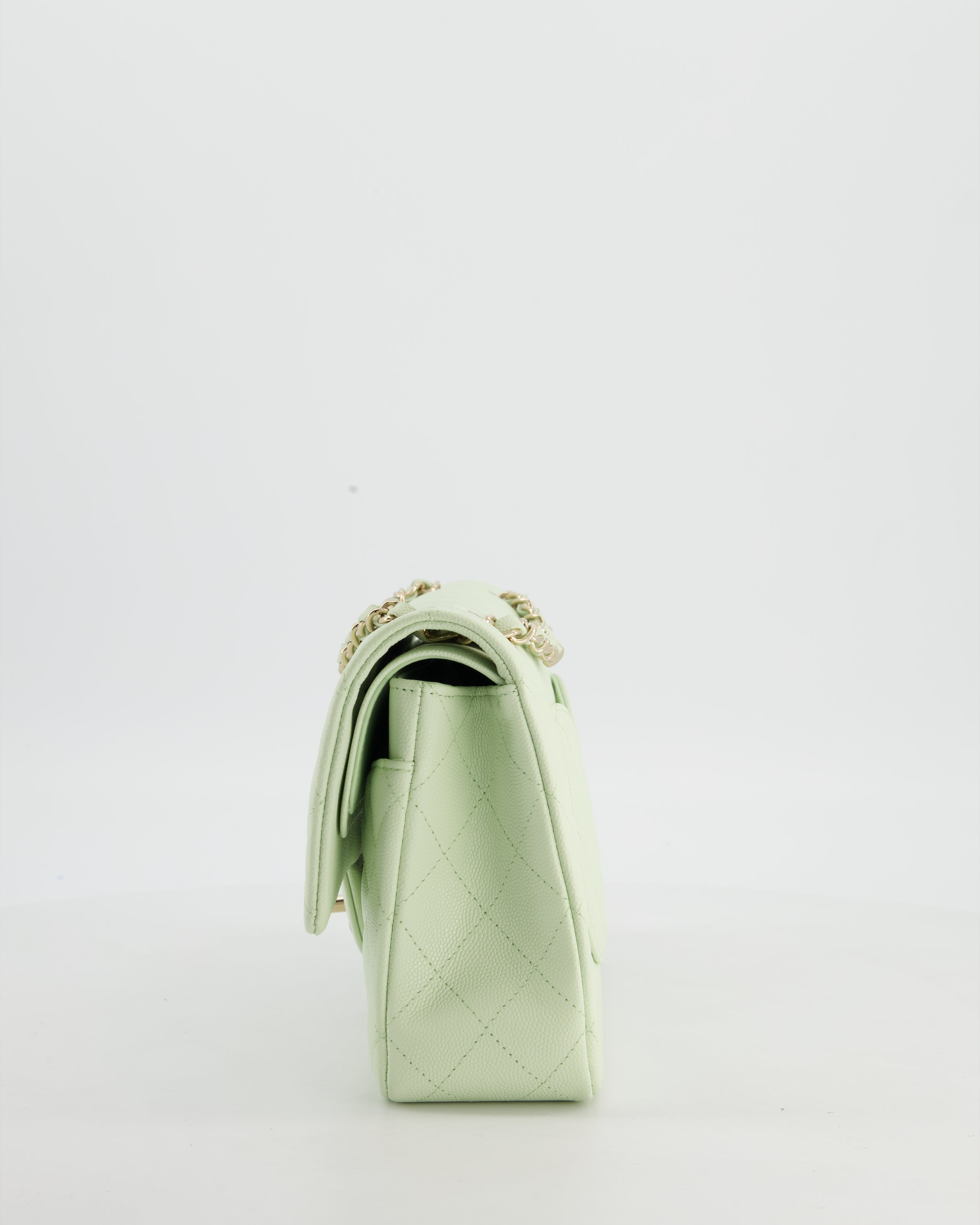 *RARE* Chanel Pastel Mint Green Classic Double Flap Bag in Caviar Leather with Champagne Gold Hardware