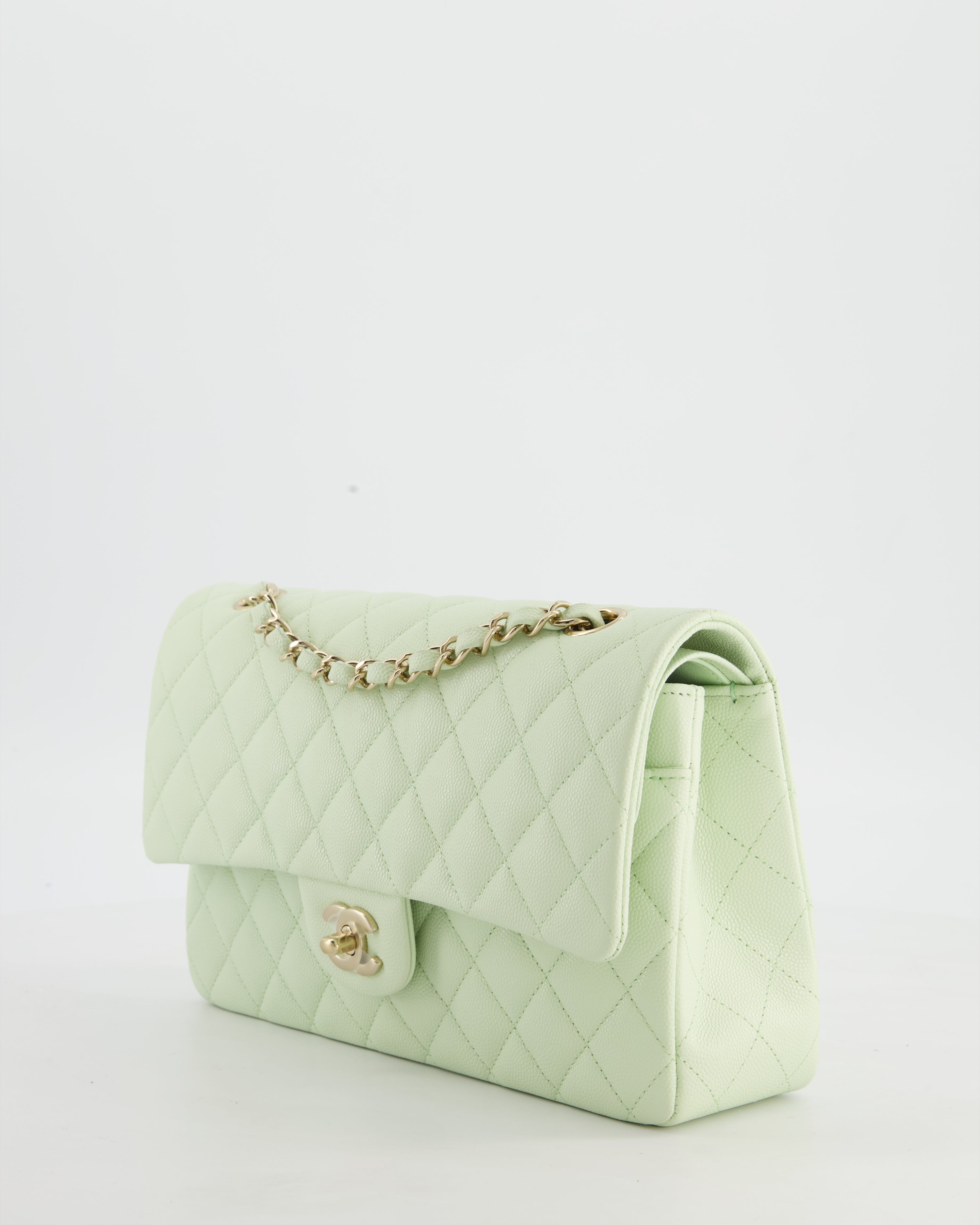 *RARE* Chanel Pastel Mint Green Classic Double Flap Bag in Caviar Leather with Champagne Gold Hardware