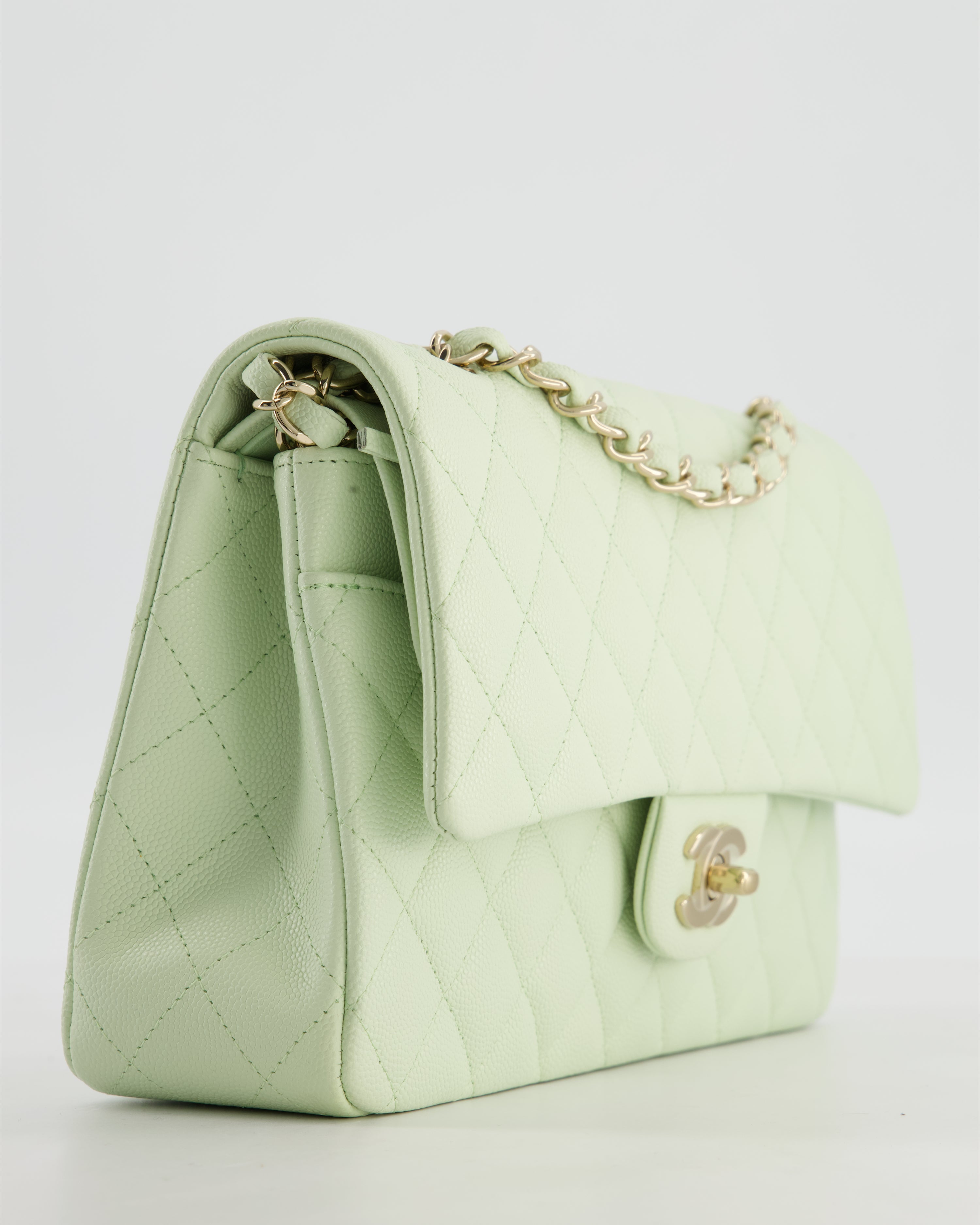 *RARE* Chanel Pastel Mint Green Classic Double Flap Bag in Caviar Leather with Champagne Gold Hardware