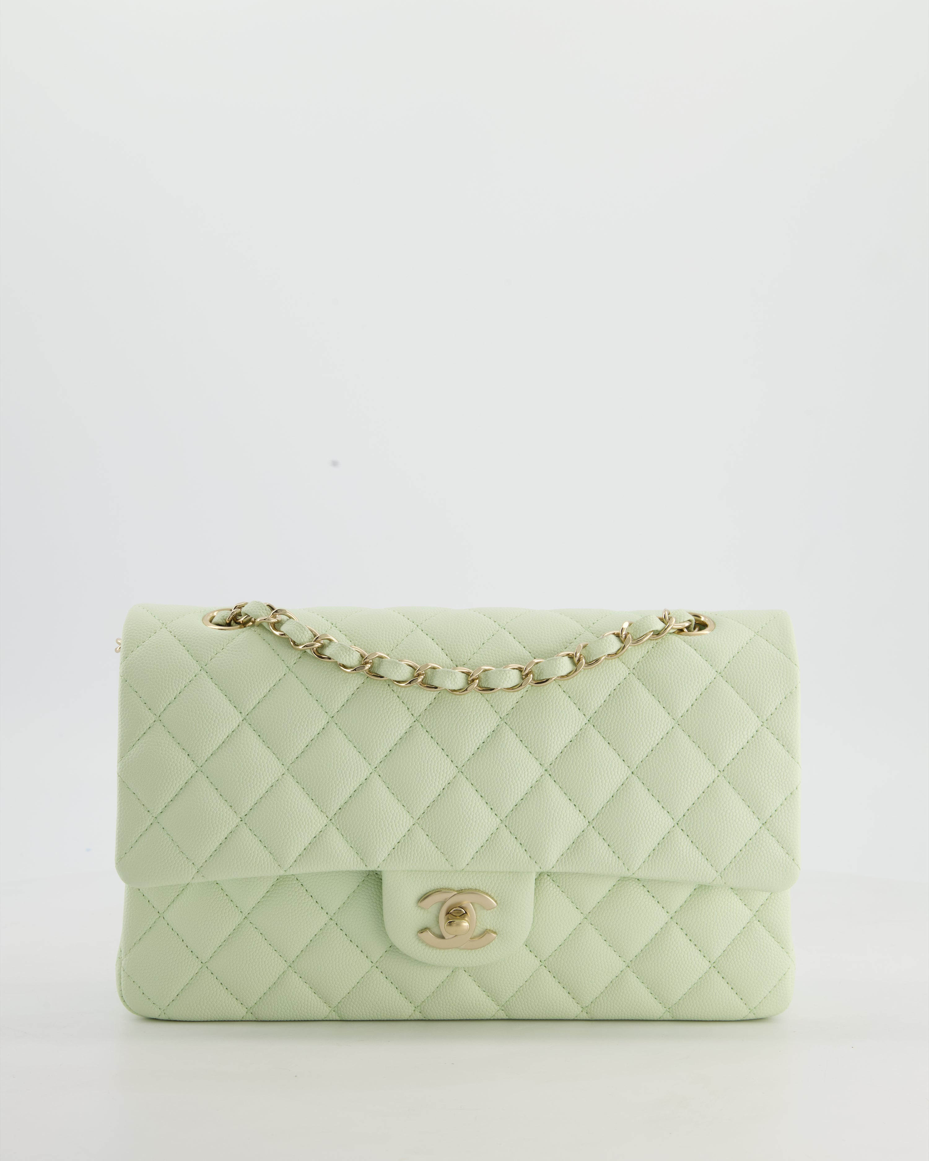 *RARE* Chanel Pastel Mint Green Classic Double Flap Bag in Caviar Leather with Champagne Gold Hardware