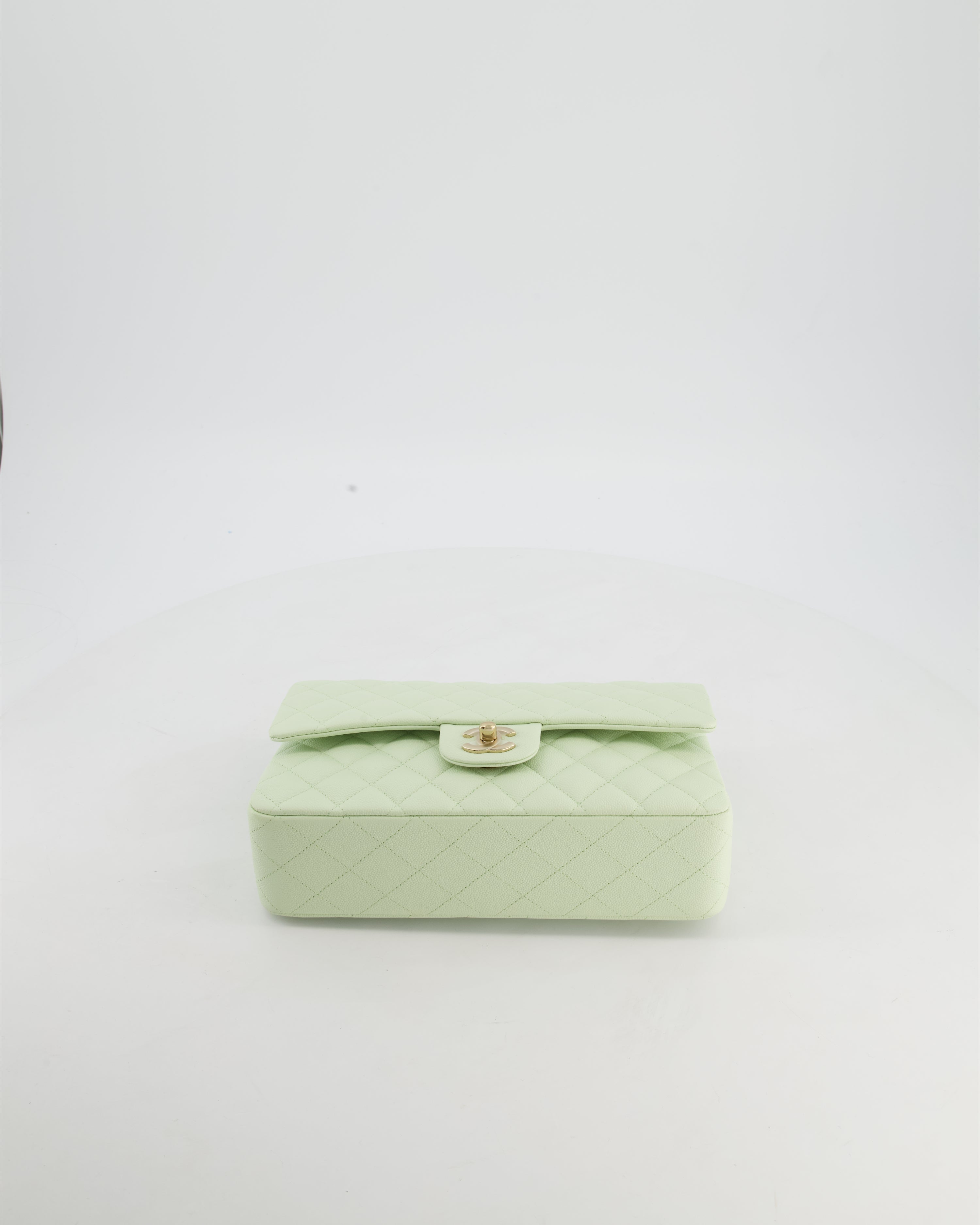 *RARE* Chanel Pastel Mint Green Classic Double Flap Bag in Caviar Leather with Champagne Gold Hardware