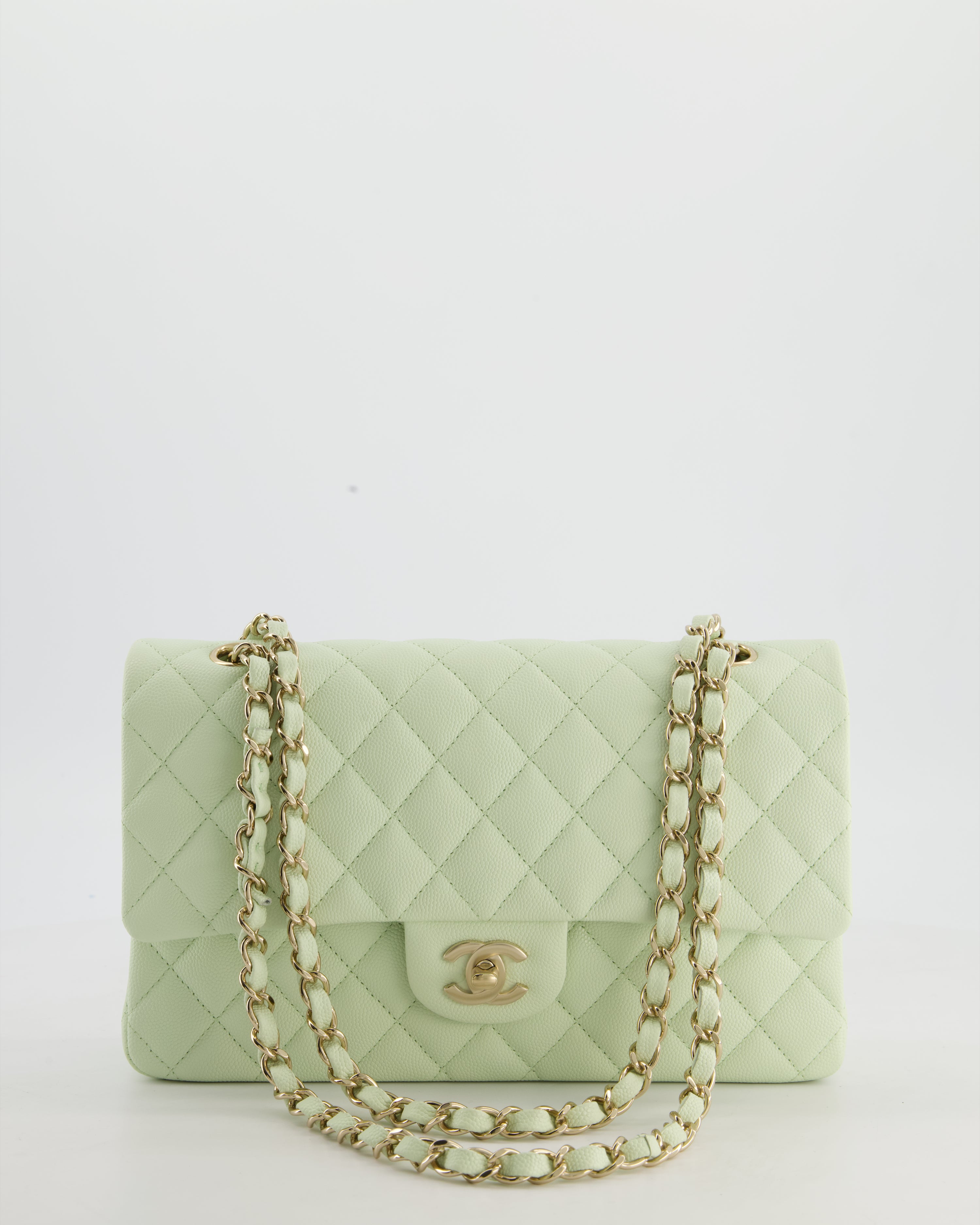 *RARE* Chanel Pastel Mint Green Classic Double Flap Bag in Caviar Leather with Champagne Gold Hardware