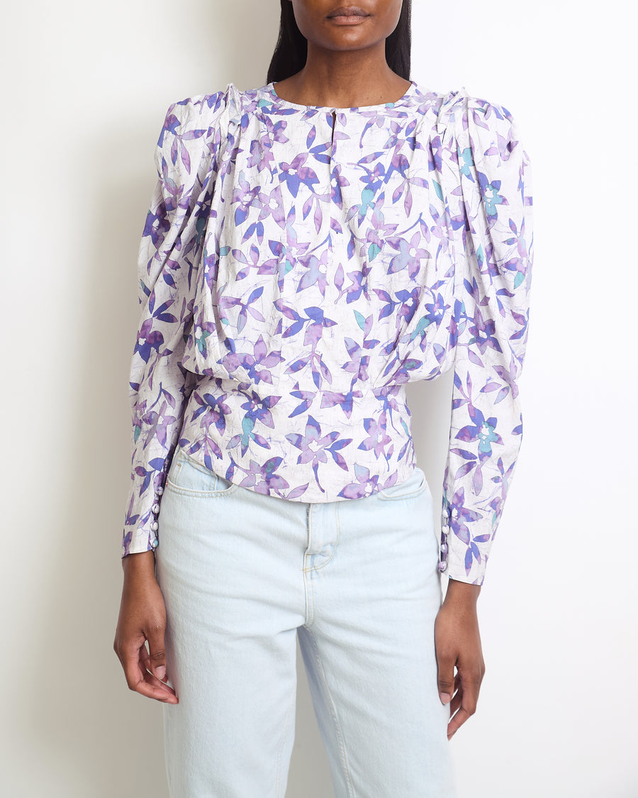 Isabel Marant Purple Pleated Floral Long Sleeve Blouse FR 36 (UK 8)