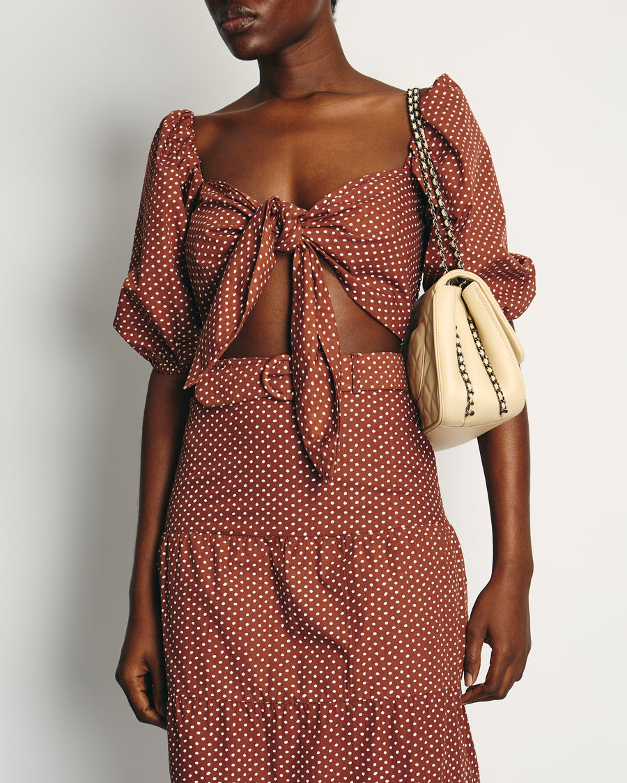 Faithfull the Brand Brown with White Polka Dot Wrap Crop Top and Midi Skirt with Belt Set Size S (UK 8-10)