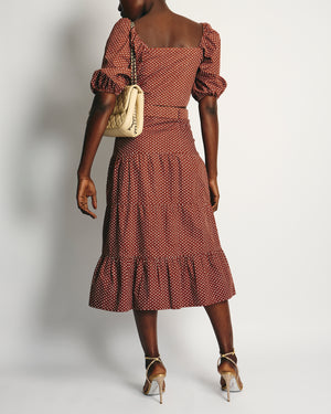 Faithfull the Brand Brown with White Polka Dot Wrap Crop Top and Midi Skirt with Belt Set Size S (UK 8-10)