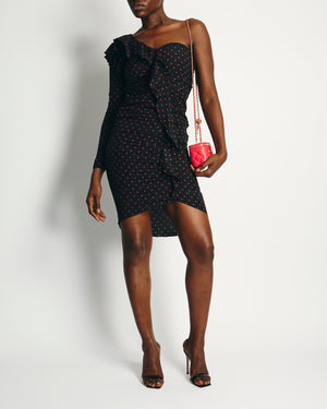 Veronica Beard Black and Red Polka Dot Silk Midi Dress with One Sleeve Size 2 (UK 6)