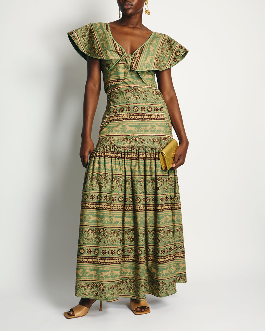 Johanna Ortiz Green and Pink Abstract Print Maxi Dress with Embellished Detail Size US 4 (UK 8)