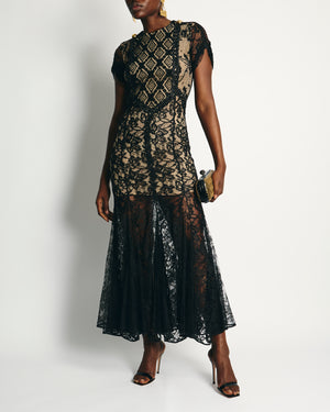 Alessandra Rich Black Short Sleeve Lace Maxi Dress with Gold Shoulder Button Detail IT 40 (UK 8)