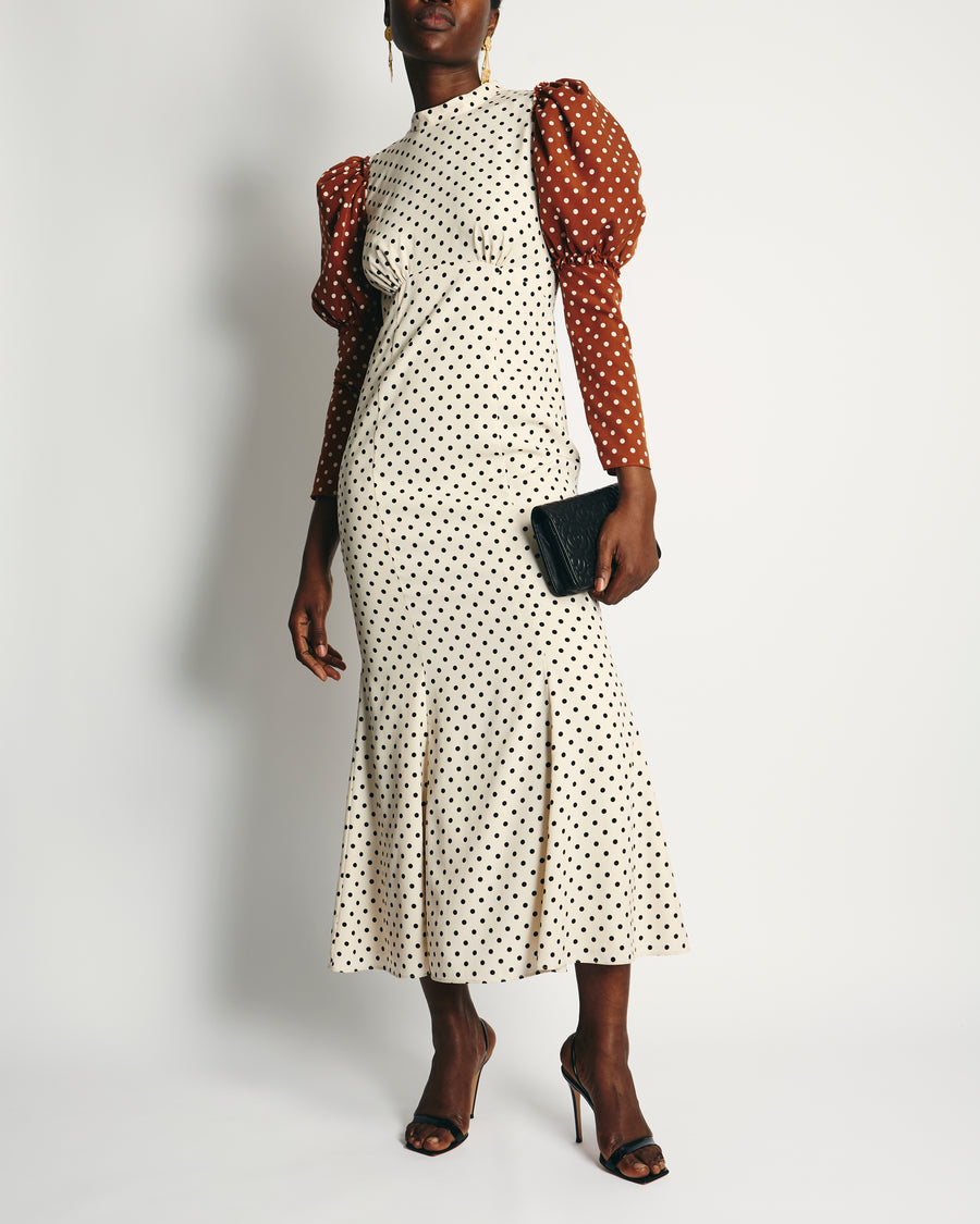 Rejina Pyo Cream, Brown Polka Dot Long-Sleeve Midi Dress Size UK 10