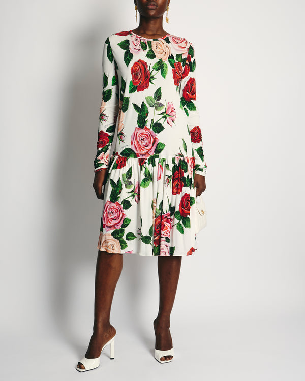 Dolce 
Gabbana White Rose Print Long-Sleeved Swing Dress Size IT 46 (UK 14)