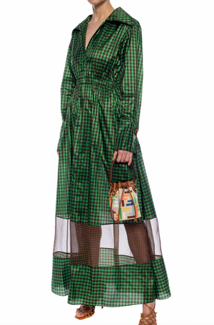 Fendi Green and Brown Silk Checked Maxi Dress with Logo Buttons Size IT 42 (UK 10) RRP £2,250