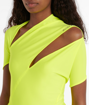 Mugler Neon Yellow Cut-Out Bodysuit with Logo Detail Size FR 42 (UK 14)