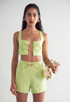 Cult Gaia Light Green Top and Short Set with Floral and Chain Details Size US 2-4 (UK 6-8)