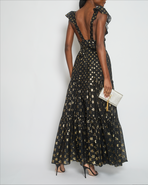 Temperely Black, Gold Metallic Star Print Maxi Tiered Dress Size FR 38 (UK 10)