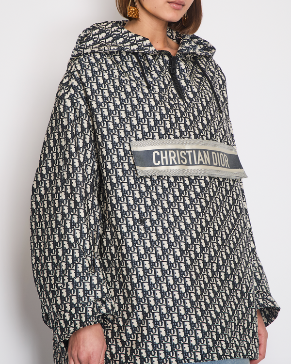 Christian Dior Hooded Anorak in Blue 
Ecru Technical Taffeta Jacquard with Dior Oblique Motif Size XS (Size UK 6) RRP £3,100