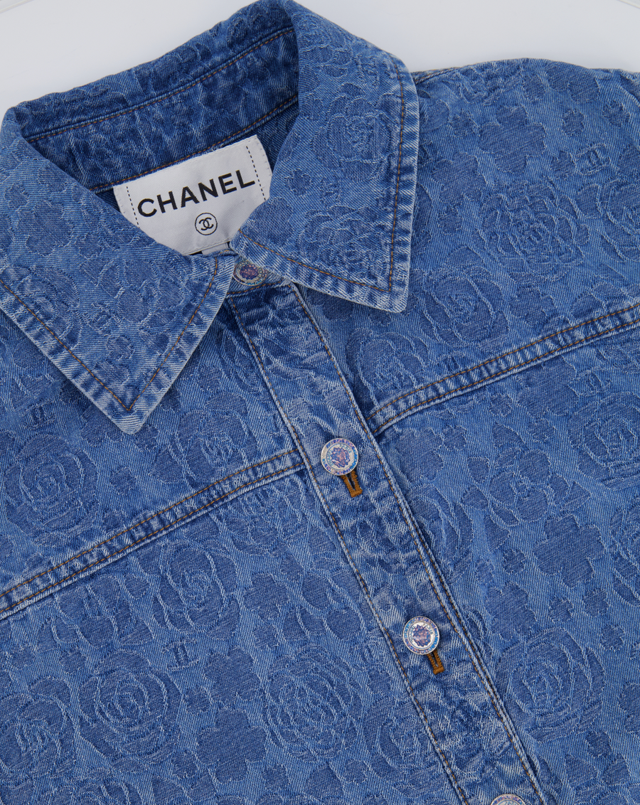 Chanel 23S Blue Denim Vest with CC, Camelia and Button Details Size FR 36 (UK 8)